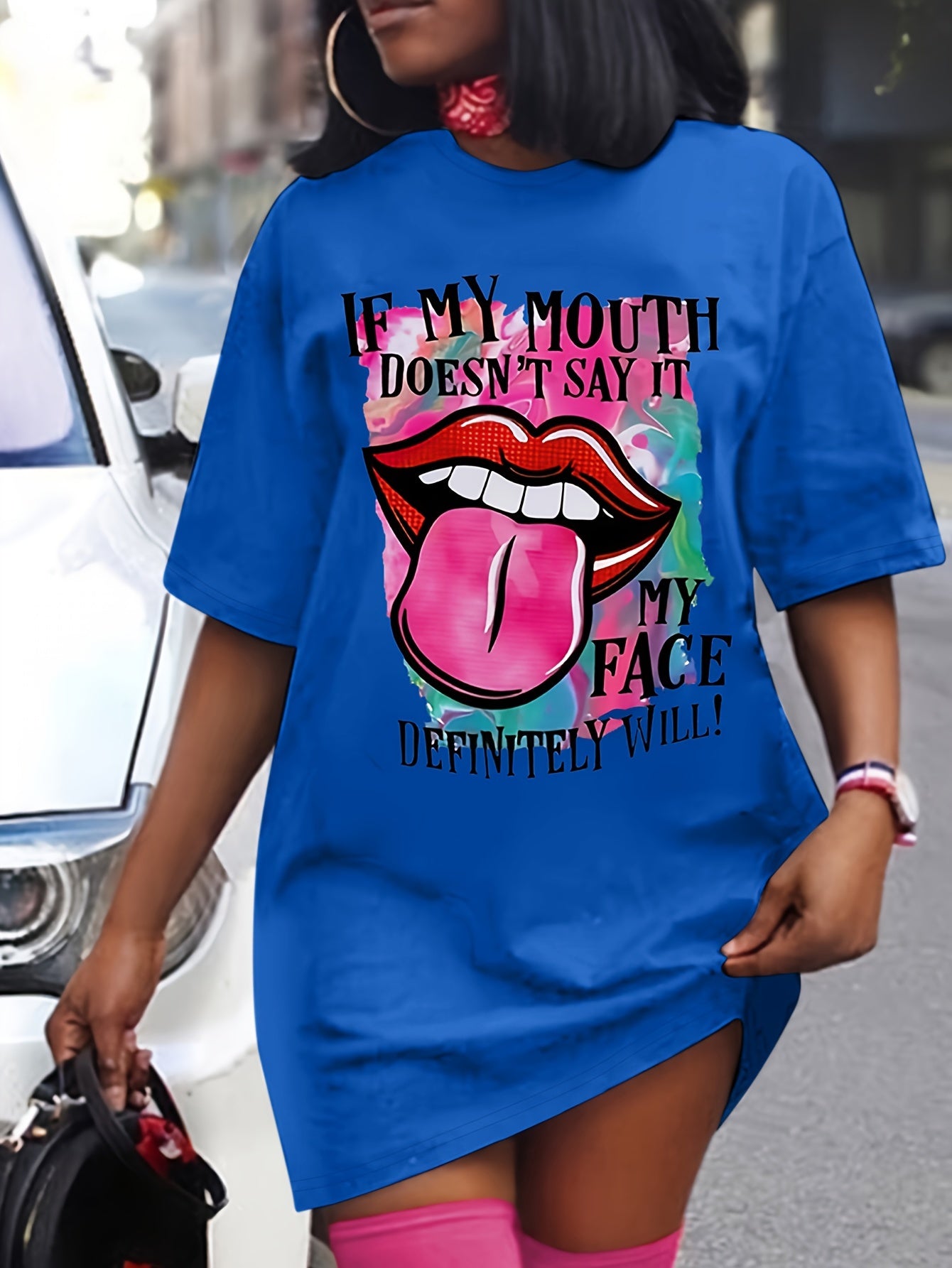 Lips Print Mini Tee Dress, Short Sleeve Crew Neck Casual Dress For Summer & Spring, Women's Clothing
