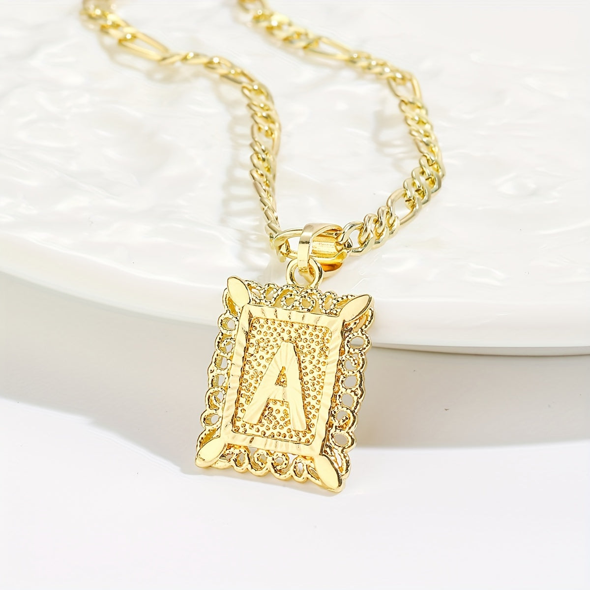 18K Gold Plated Square Monogram Pendant Necklace - Fashionable Personalized Alphabet Letter A-Z Figaro Chain Necklace for Men and Women - Copper Material, No Magnetic, No Mosaic, Plating-Free, Stylish Jewelry for Any Occasion