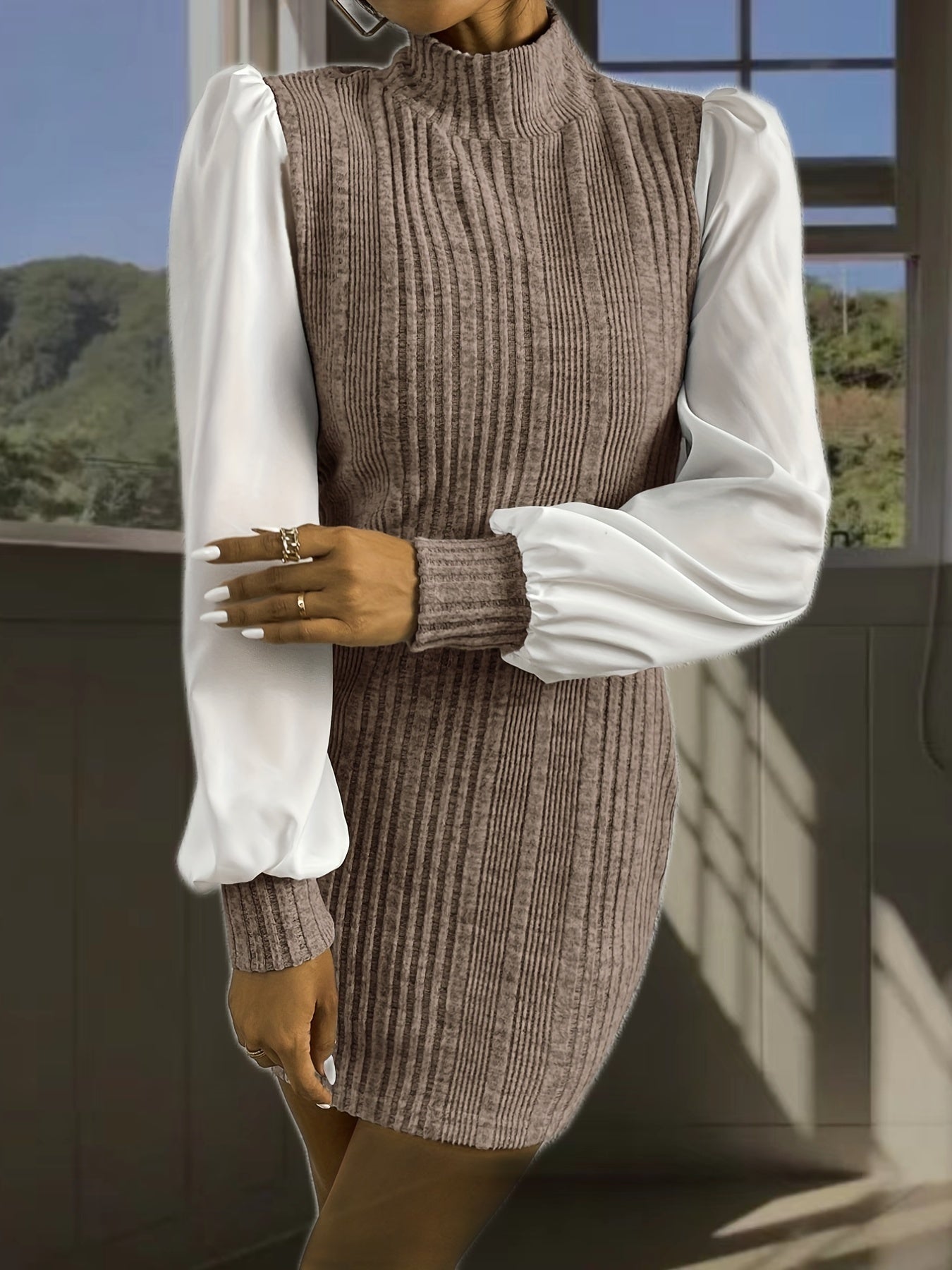 vlovelaw Knitted Long Sleeve Mini Dress, High Neck Color Block Casual Dress, Women's Clothing