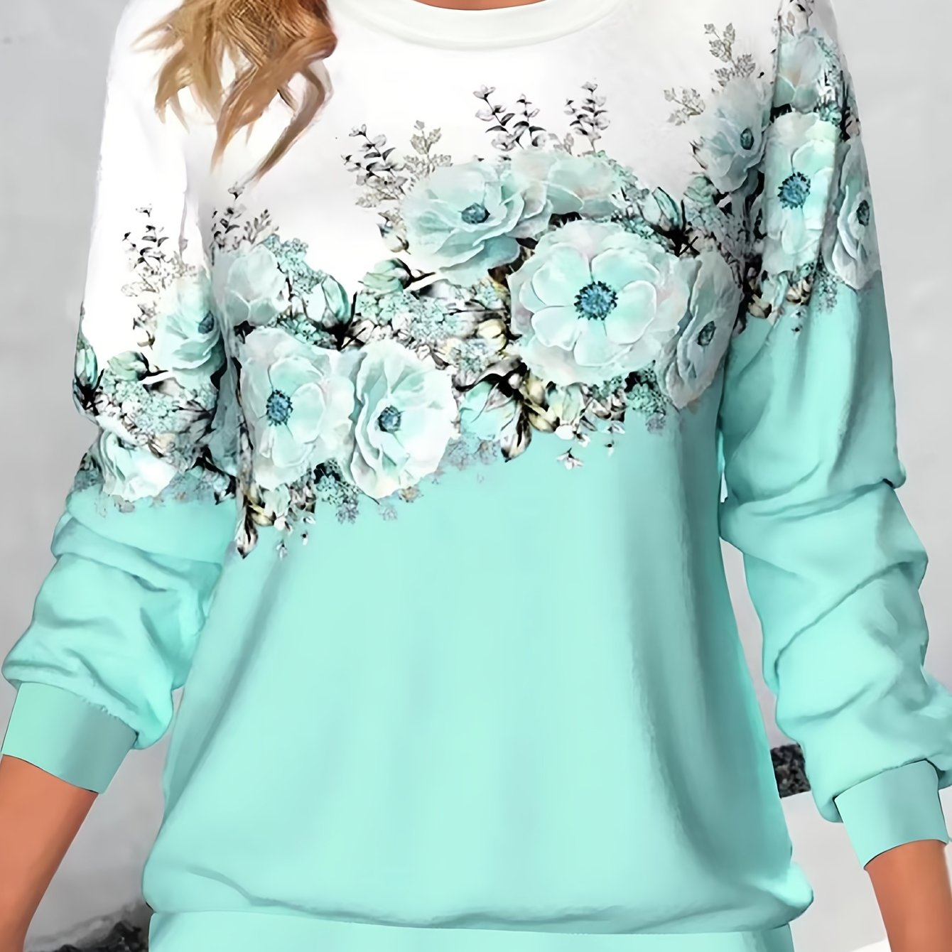 vlovelaw Crew Neck Flowers Print Sweatshirt, Casual Sports Running Long Sleeve Tops, Women's Clothing