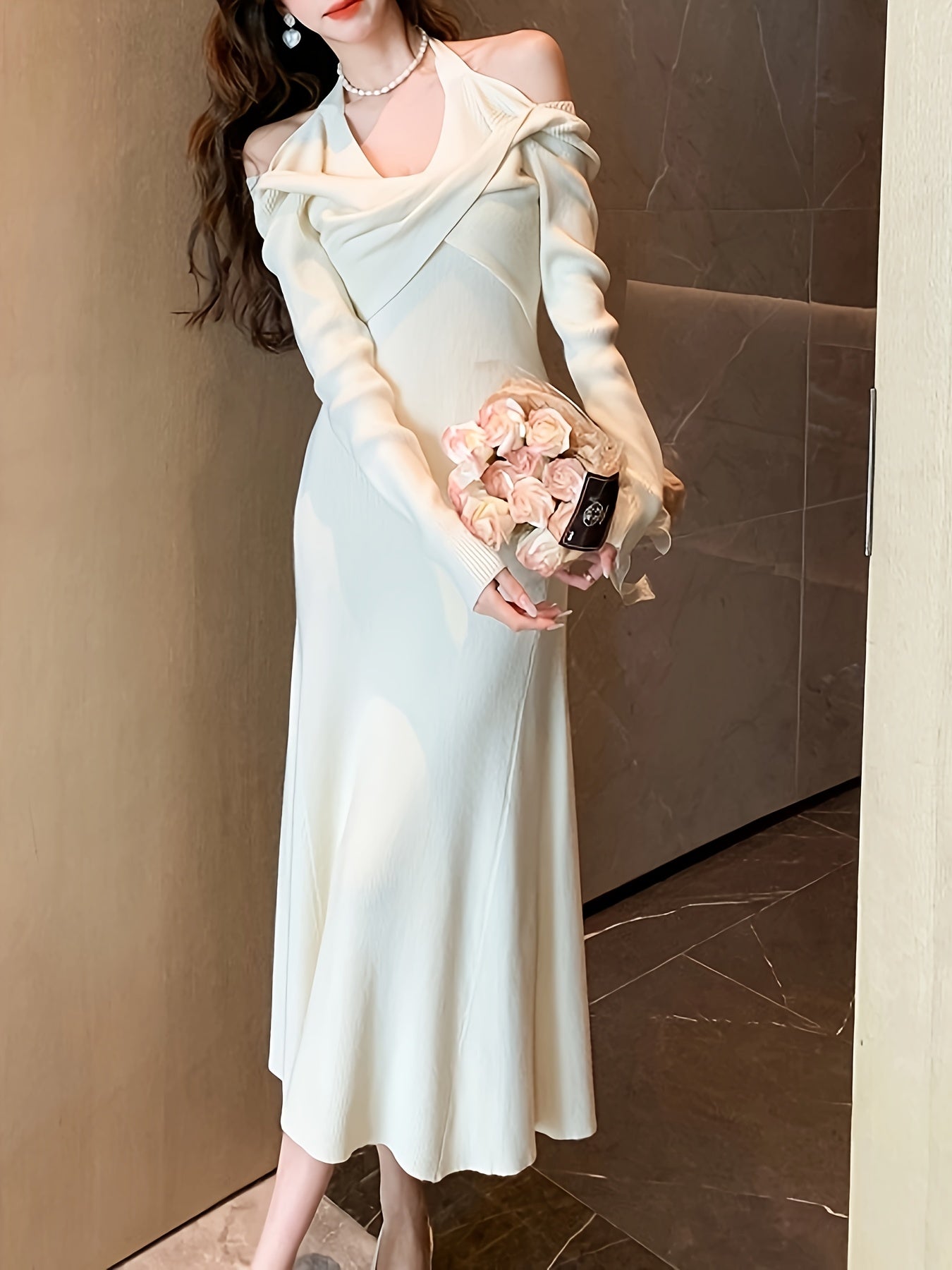vlovelaw Bodycon Halter Neck Dress, Elegant Long Sleeve Dress For Party & Banquet, Women's Clothing