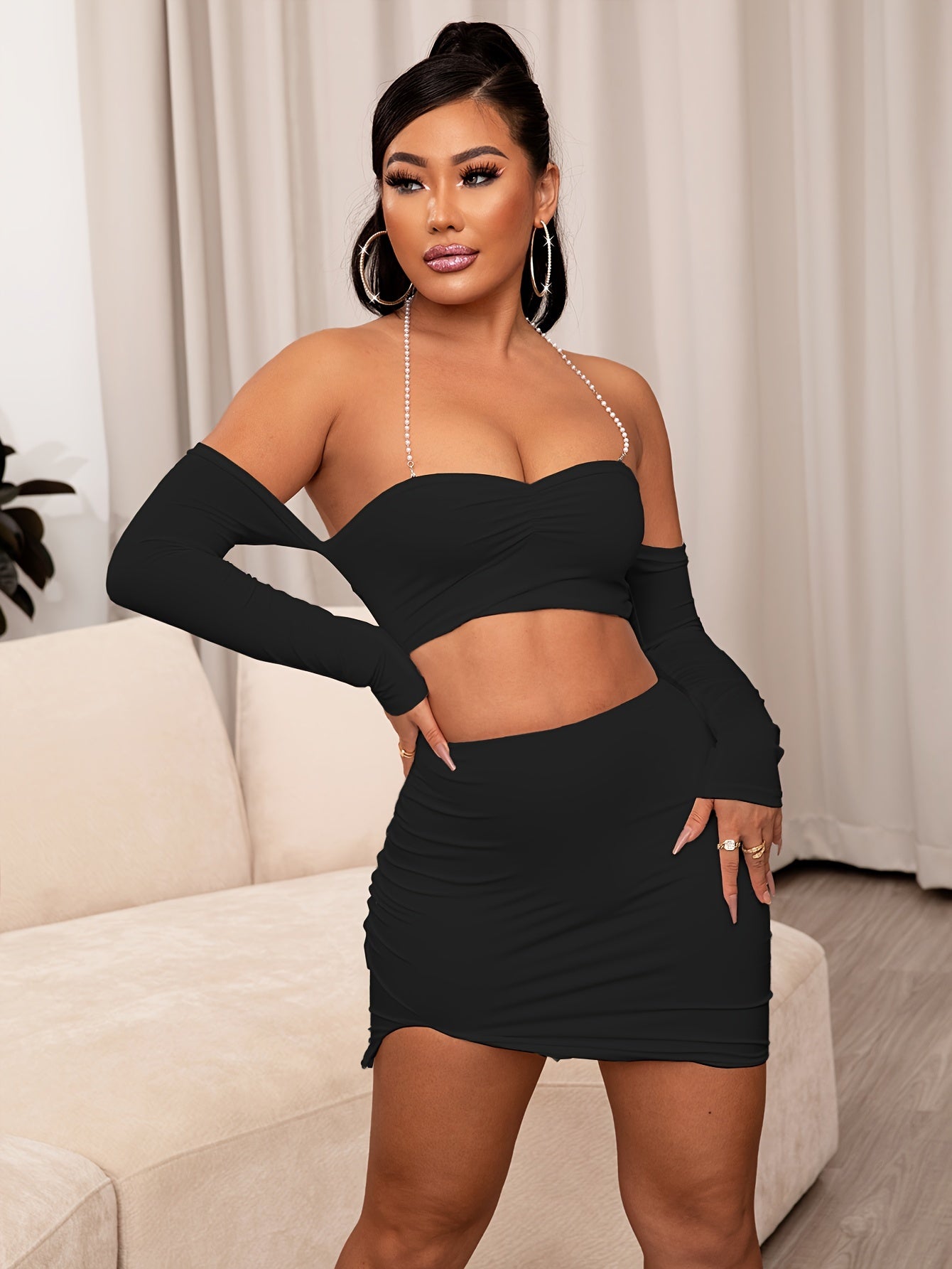 vlovelaw Solid Sexy Skirt Suit, Long Sleeve Backless Cross Spaghetti Strap Crop Halter Top & High Waist Bodycon Skirt Outfits, Women's Clothing