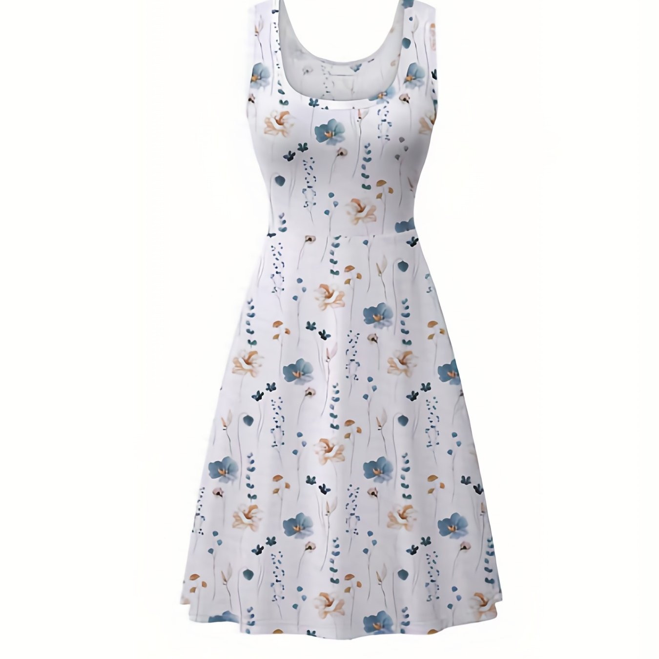 vlovelaw Plus Size Elegant Dress, Women's Plus Floral Print Round Neck Medium Stretch Tank Dress