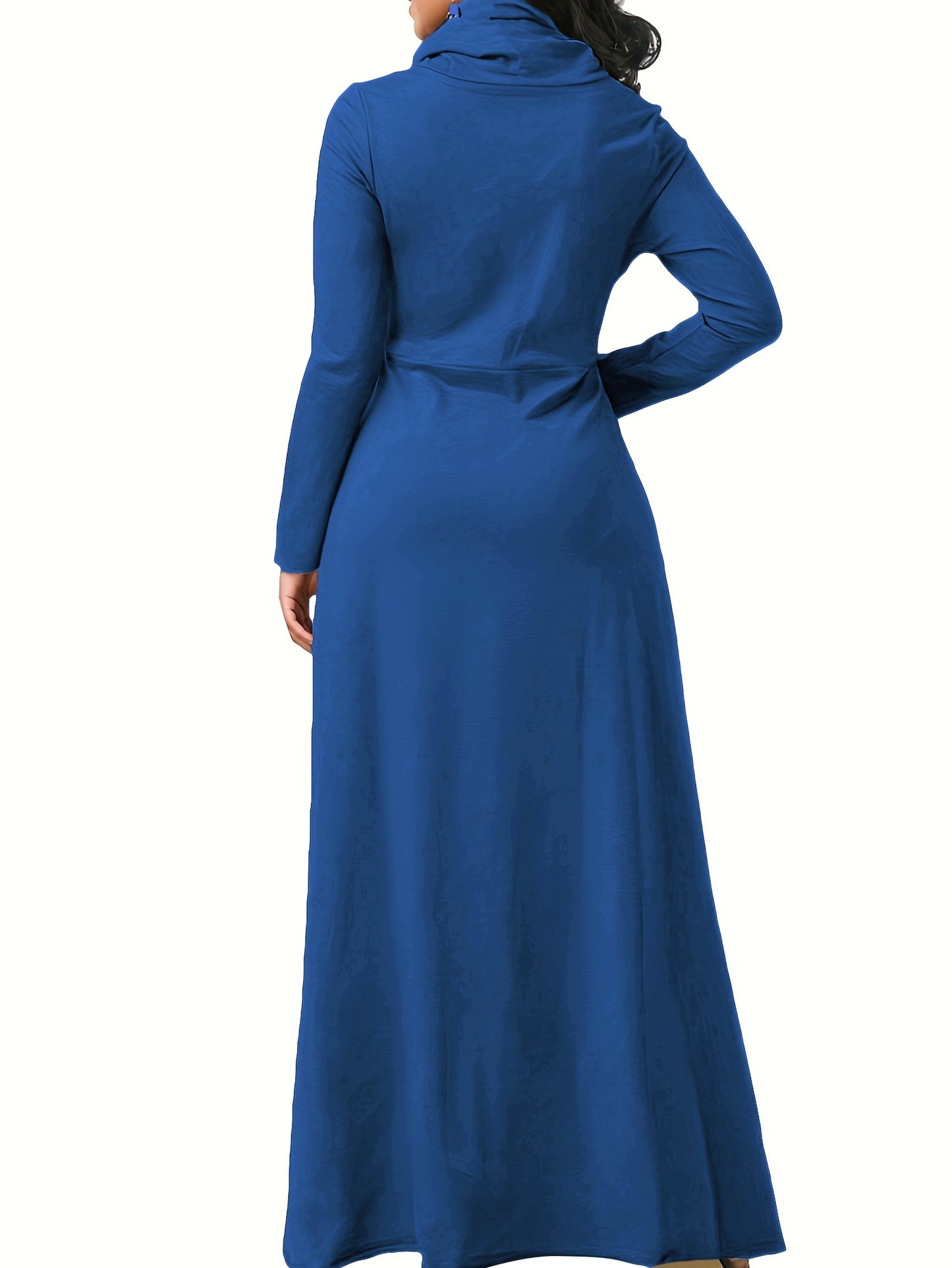 Plus Size Casual Dress, Women's Plus Solid Long Sleeve Turtleneck High Stretch Maxi Dress With Pockets