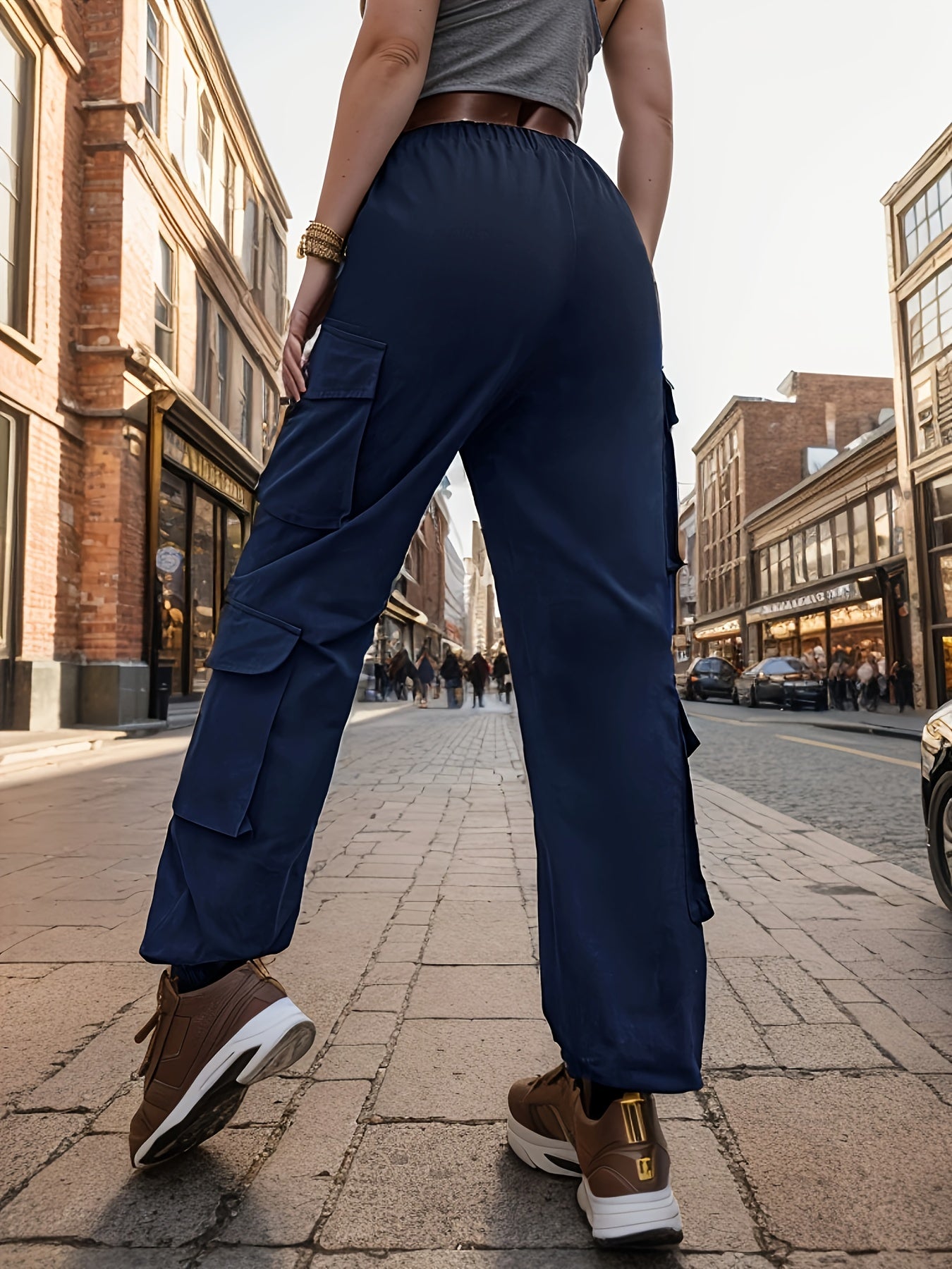 vlovelaw Solid Y2K Loose Cargo Pants, Outdoor Athletic Workout Pants With Pockets, Women's Clothing