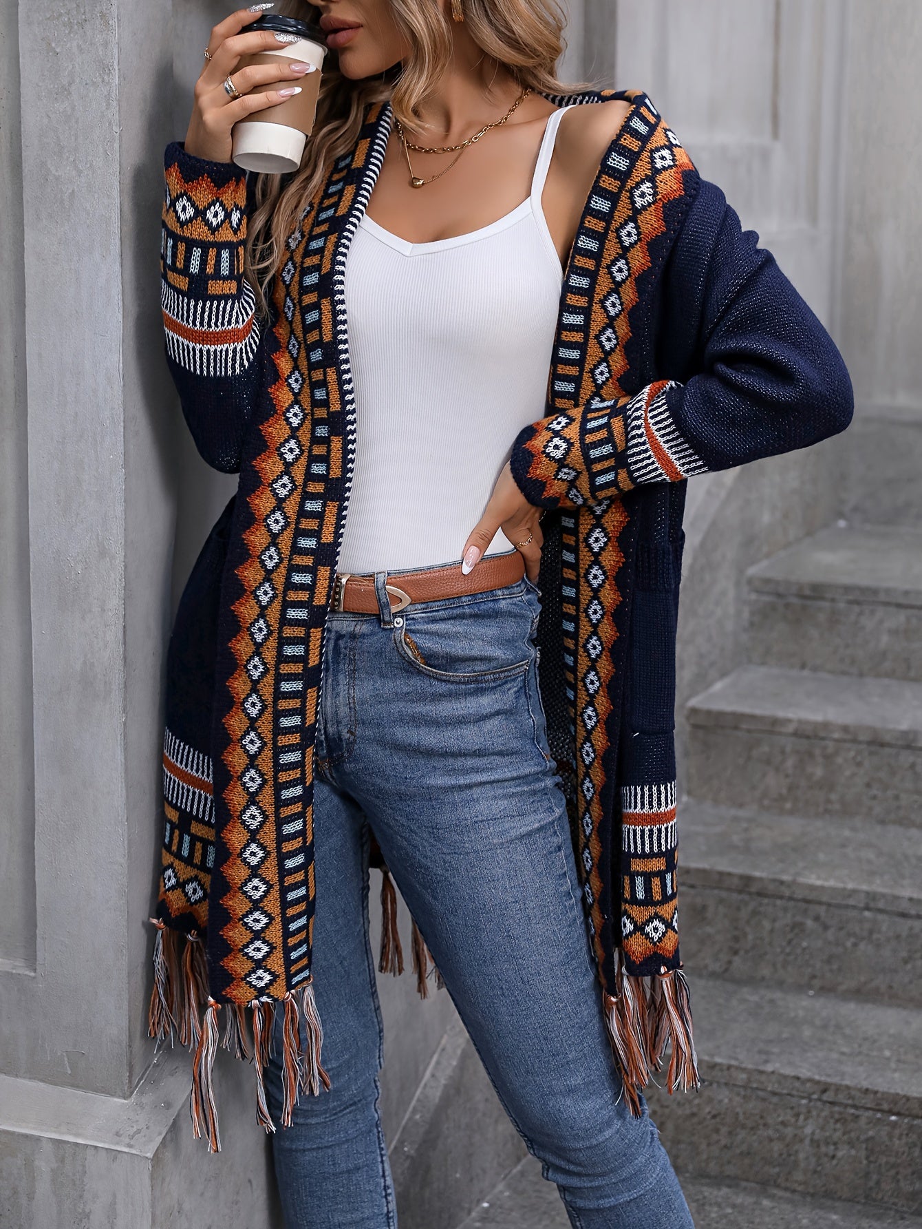 Ethnic Pattern Tassel Trim Knit Cardigan, Vintage Open Front Long Sleeve Pocket Sweater, Women's Clothing