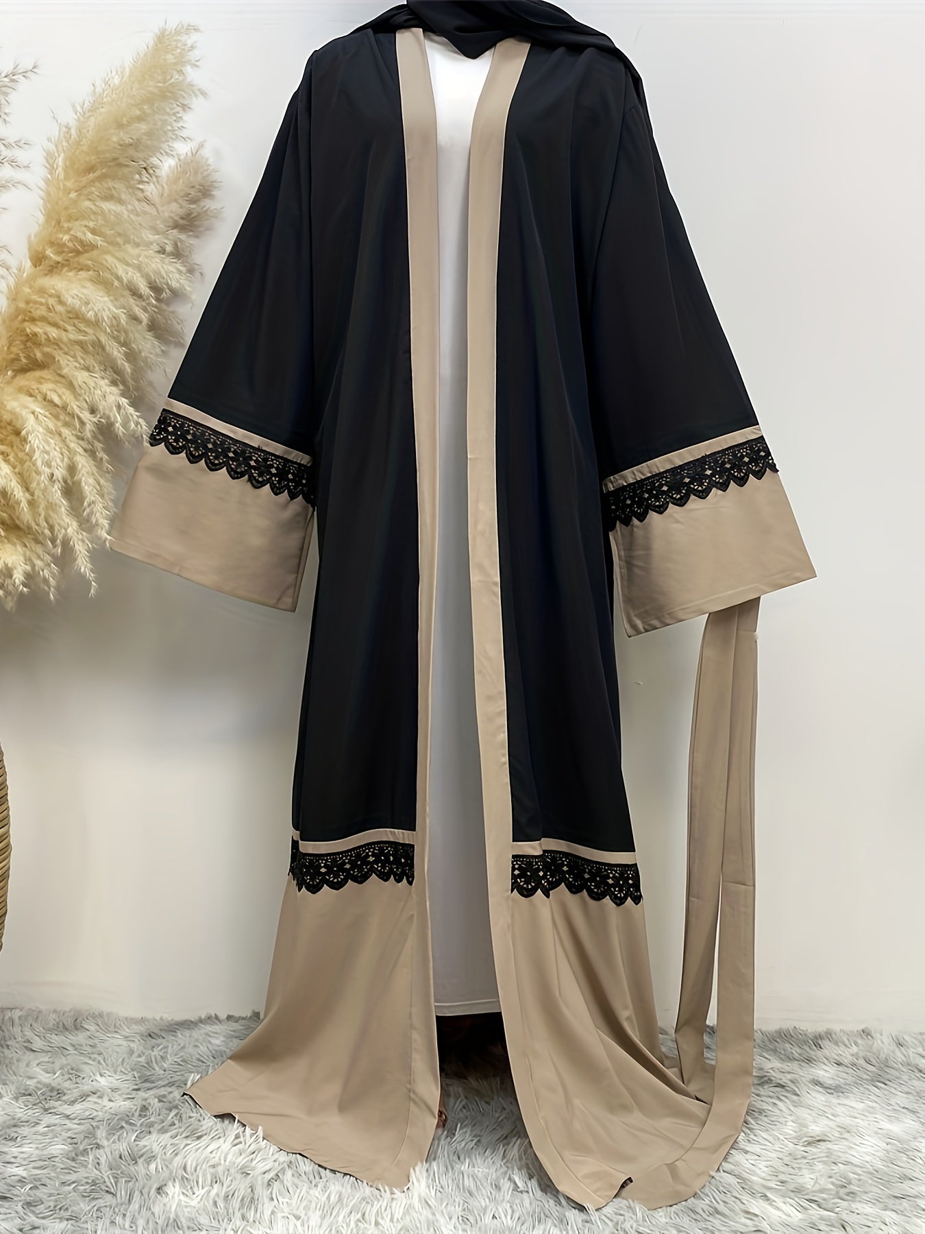 Lace Stitching Color Block Abayas, Elegant Tie Waist Long Sleeve Maxi Length Dress, Women's Clothing