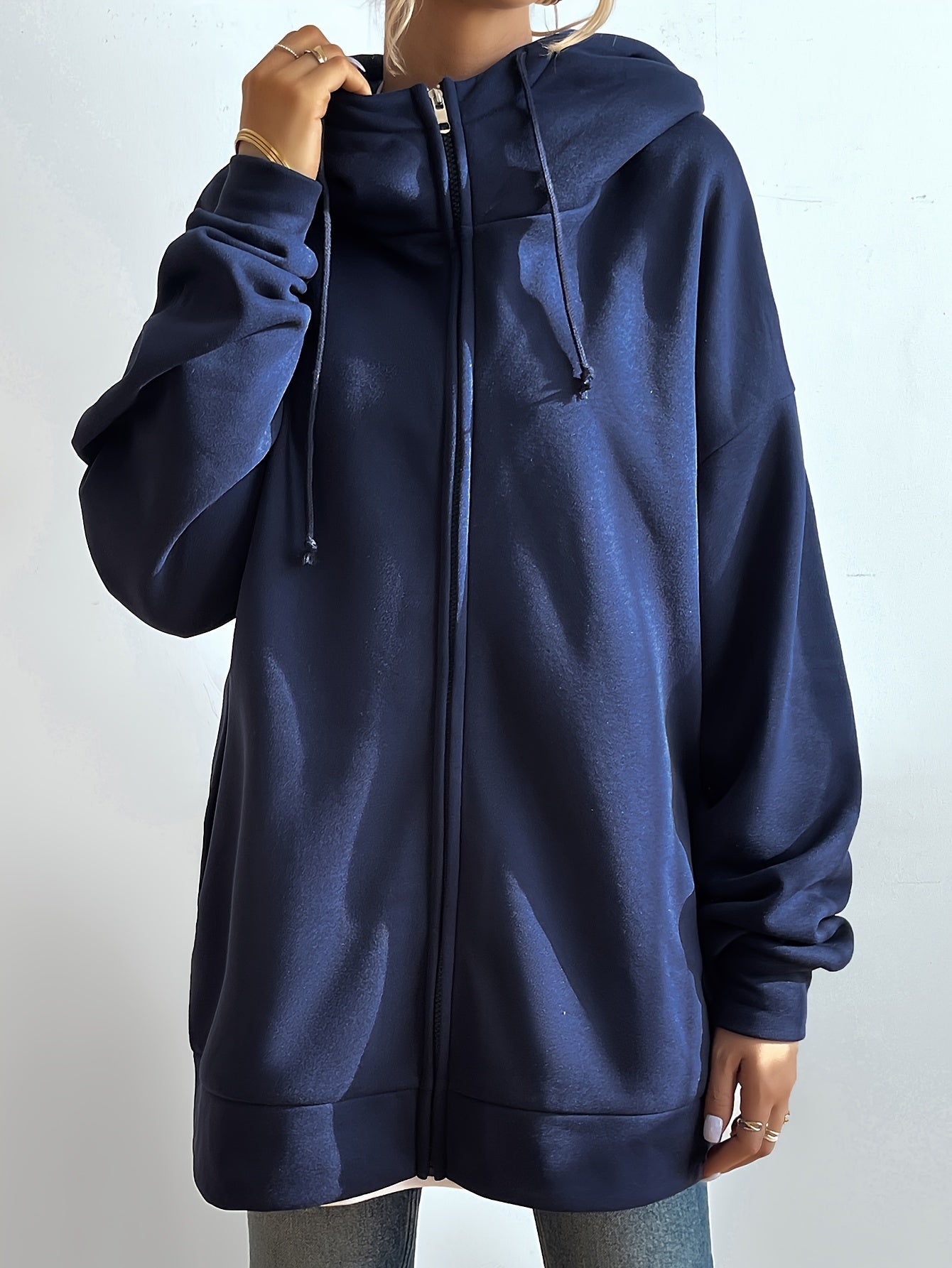vlovelaw Solid Color Casual Sports Hooded Zipper Sweatshirs, Long Sleeve Drawstring Hoodie, Women's Sporty Sweatshirts