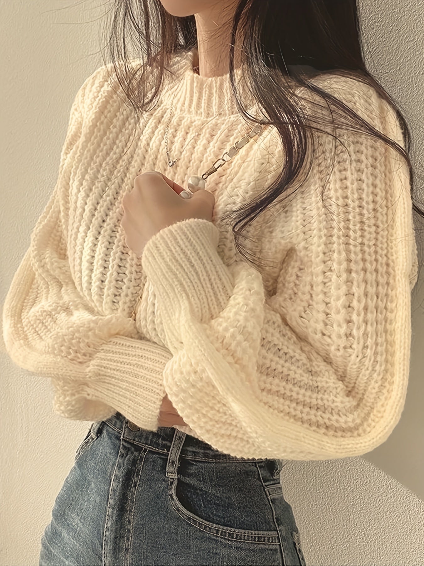 Solid Crew Neck Chunky Knit Sweater, Casual Long Sleeve Crop Pullover Sweater, Women's Clothing