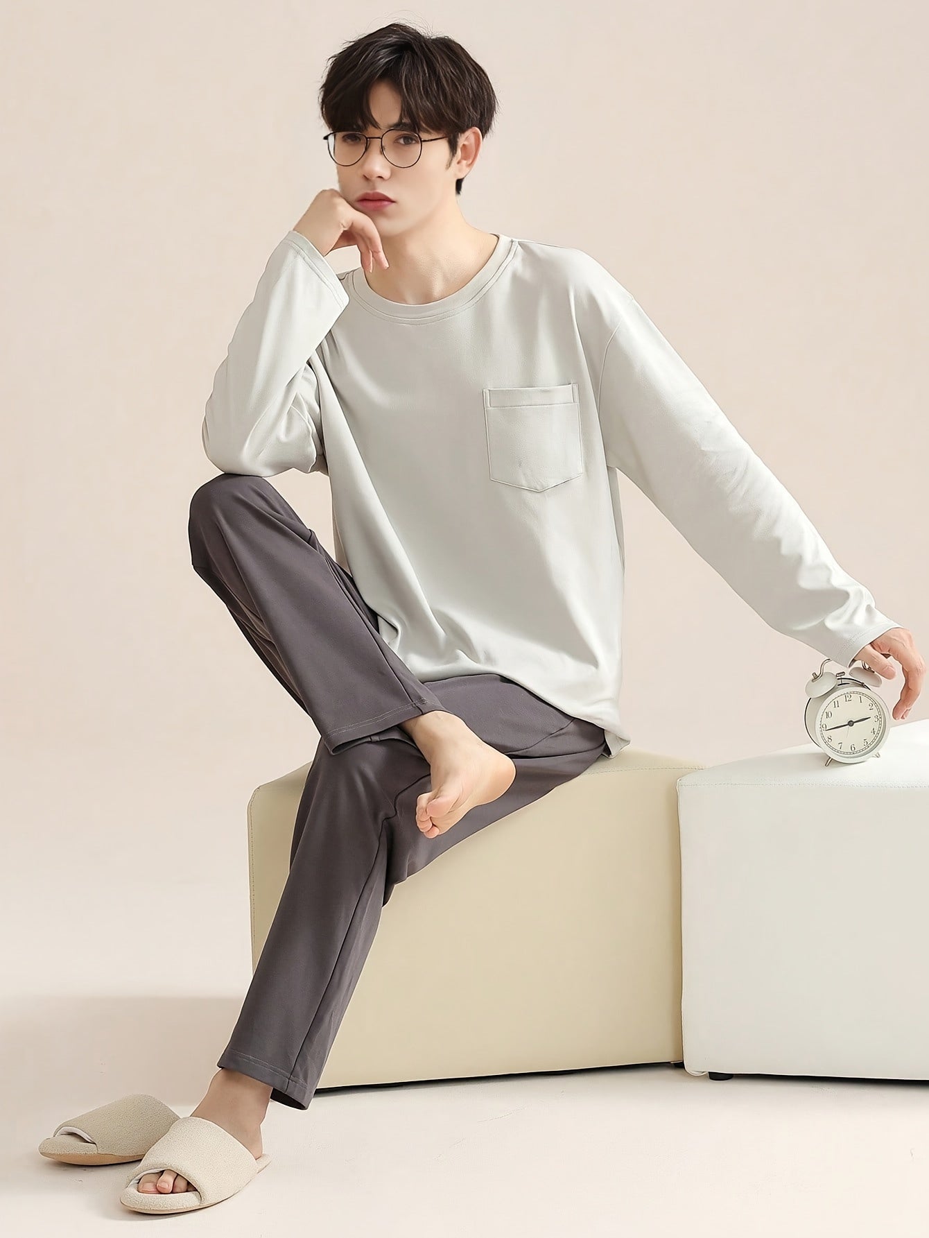 2 Pcs Men's Simple Plaid Pocket Round Neck Long Sleeve & Plaid Long Pants Pajama Set, Comfortable & Skin-friendly Style Pajamas For Men's Cozy Loungewear