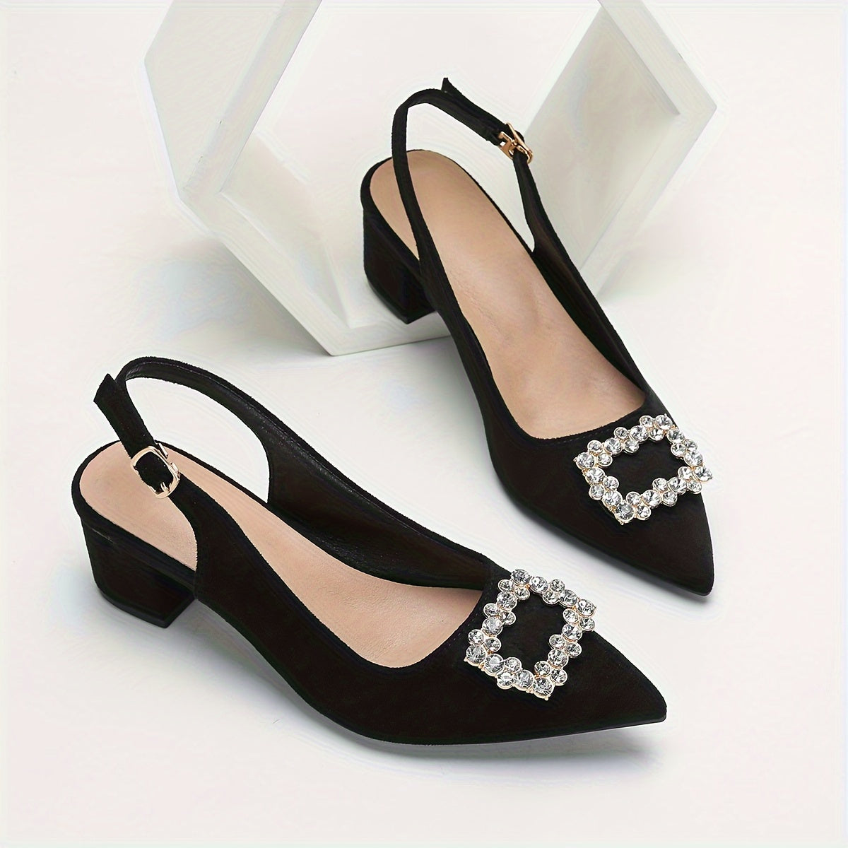 vlovelaw Women's Rhinestone Buckle Decor Chunky Heels, Elegant Point Toe Dress Pumps, Stylish Buckle Strap Heels