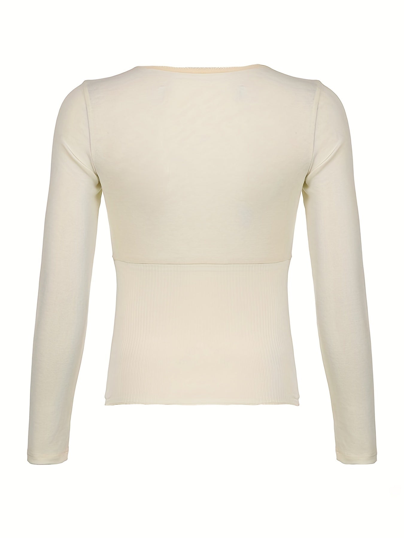 Lace Trim Tie Front Ribbed T-Shirt, Casual Long Sleeve Top For Spring & Fall, Women's Clothing