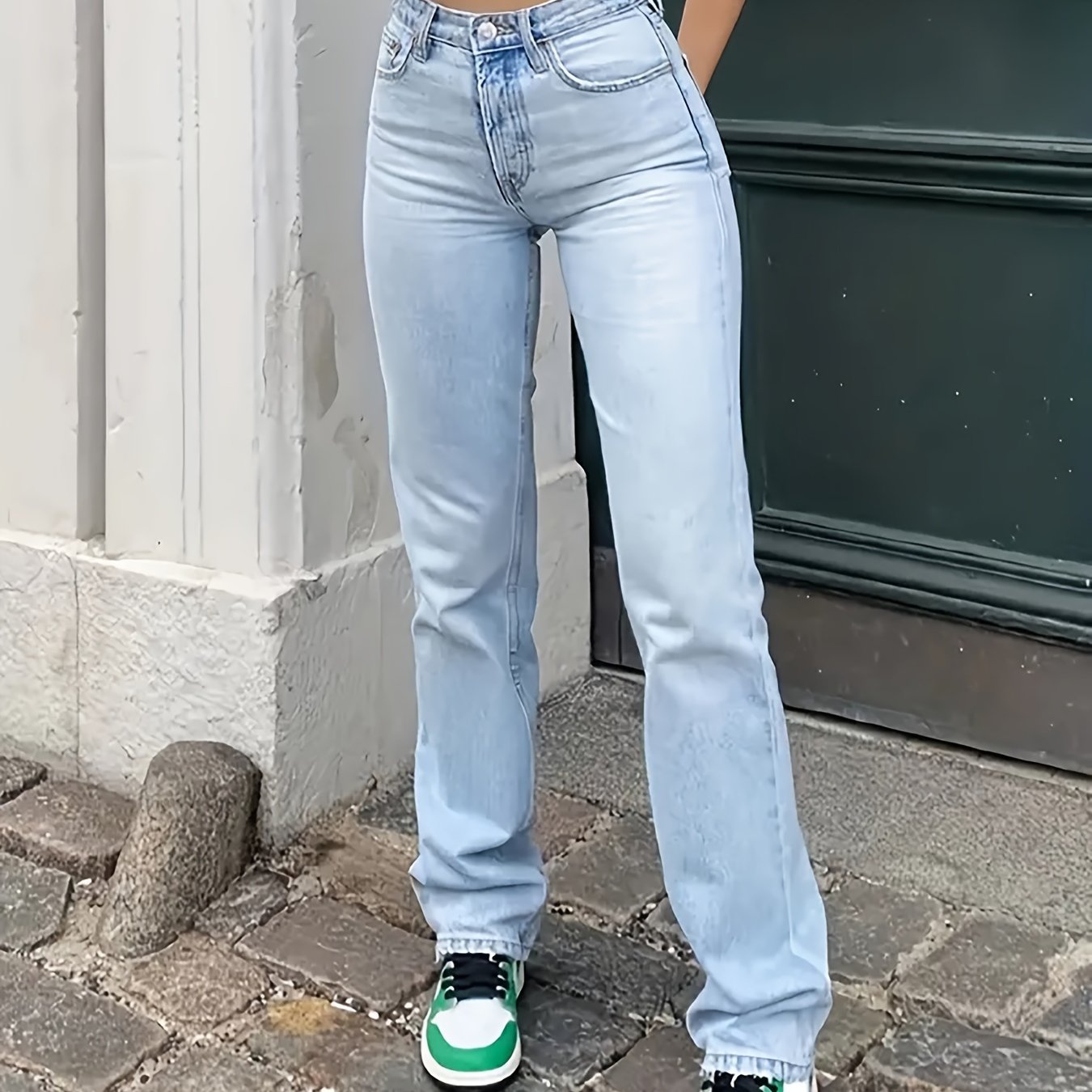 vlovelaw High Waist Light Washed Straight Jeans, Slash Pocket Casual Loose Fit Denim Pants, Women's Denim Jeans & Clothing