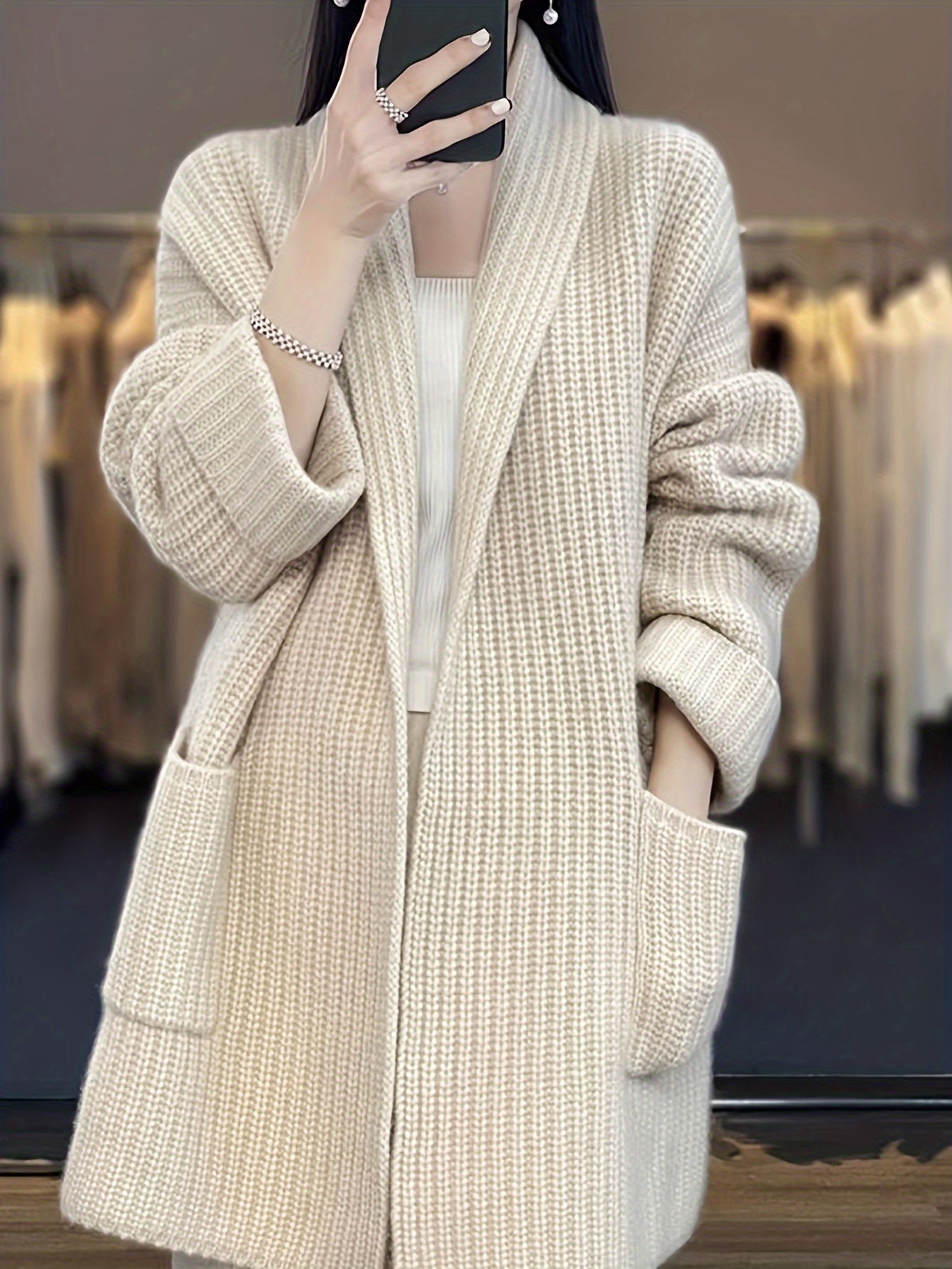 vlovelaw Solid Open Front Knit Cardigan, Casual Long Sleeve Oversized Sweater Coat With Pocket, Women's Clothing
