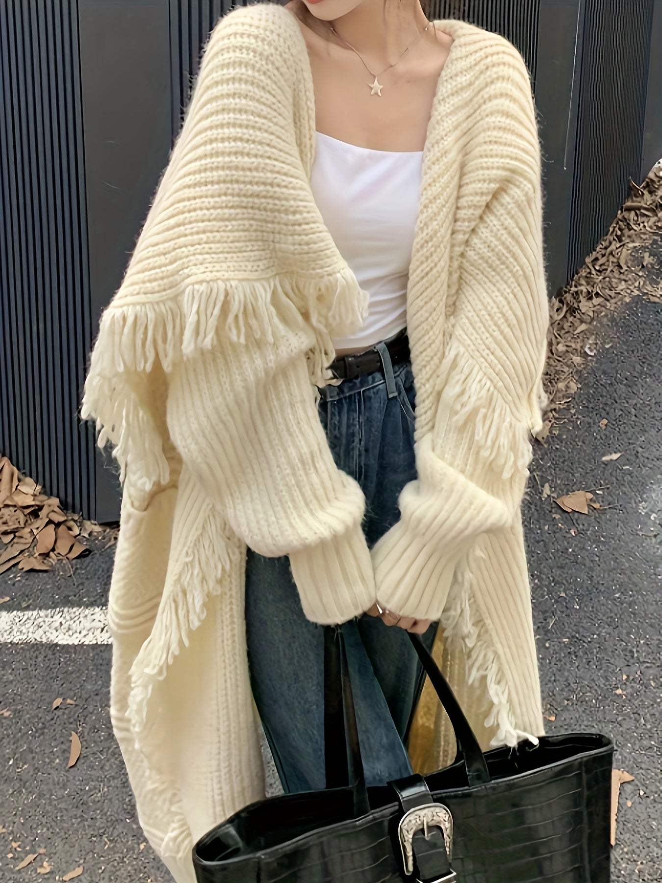 vlovelaw vlovelaw Fringe Trim Open Front Solid Cardigan, Long Sleeve Cardigan For Fall & Winter, Women's Clothing