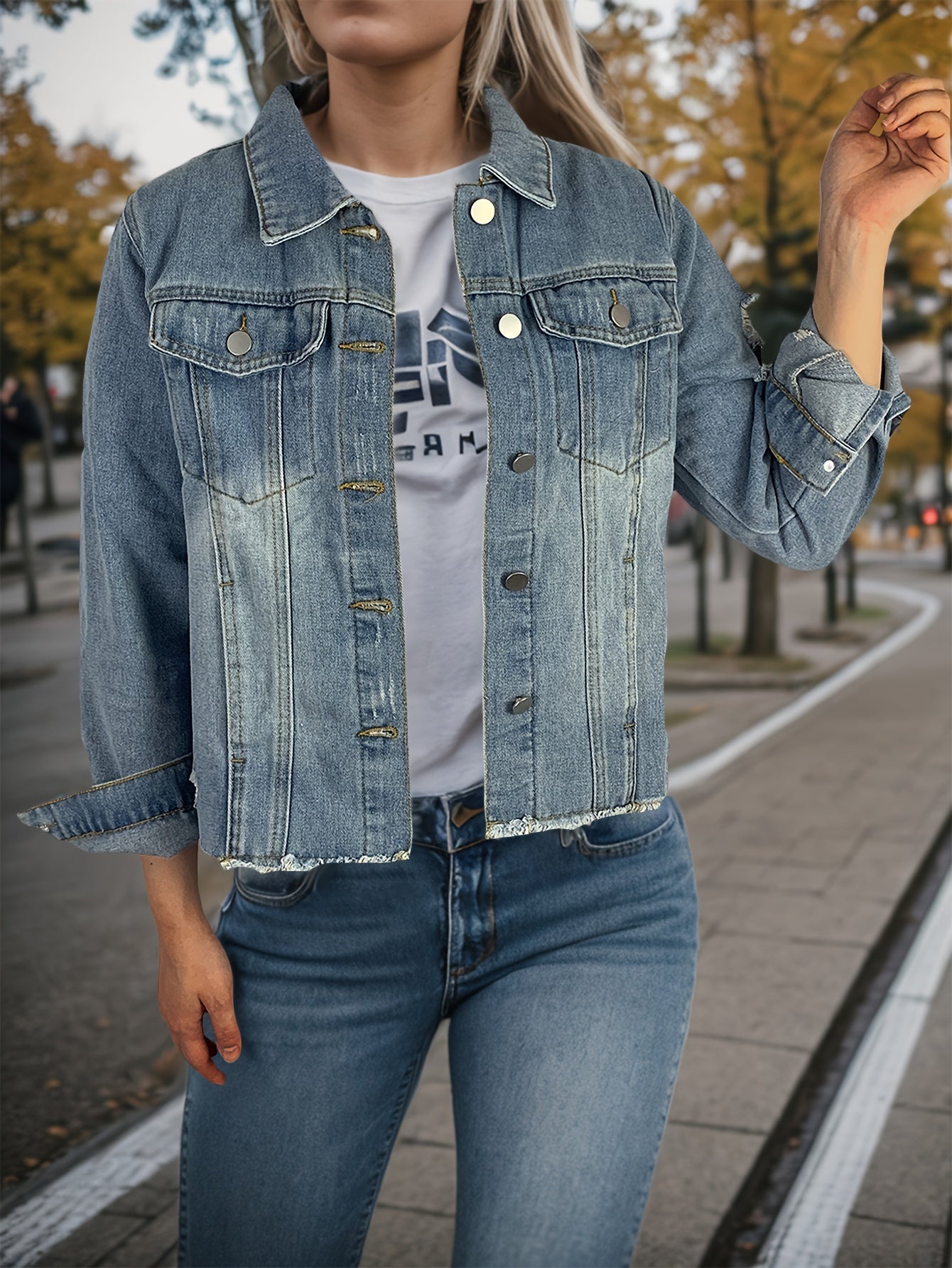 vlovelaw Long Sleeves Lapel Denim Coat, Ripped Holes Frayed Hem Casual Denim Jacket, Women's Denim Clothing