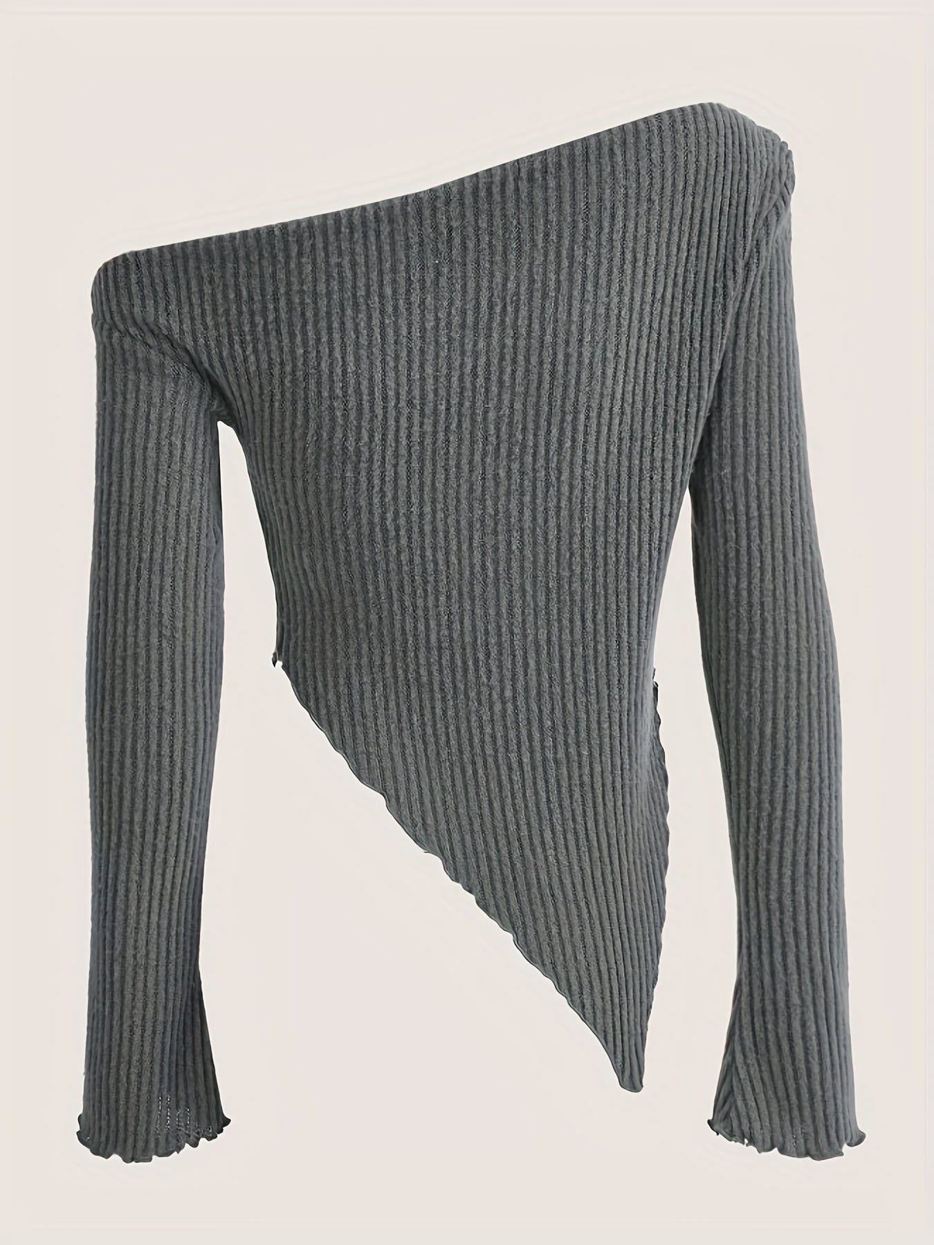 vlovelaw Solid Ruched Asymmetrical Neck T-Shirt, Casual Hanky Hem Long Sleeve Top For Spring & Fall, Women's Clothing