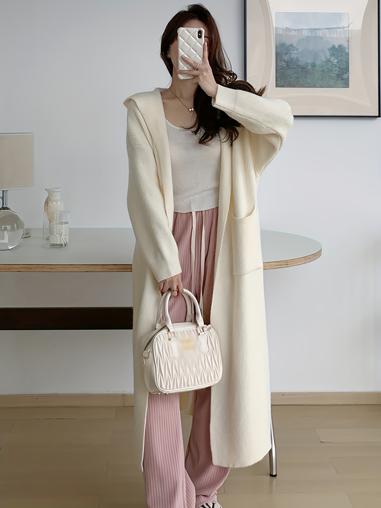 vlovelaw Solid Open Front Hooded Knit Cardigan, Casual Long Sleeve Mid Length Pocket Sweater Coat, Women's Clothing