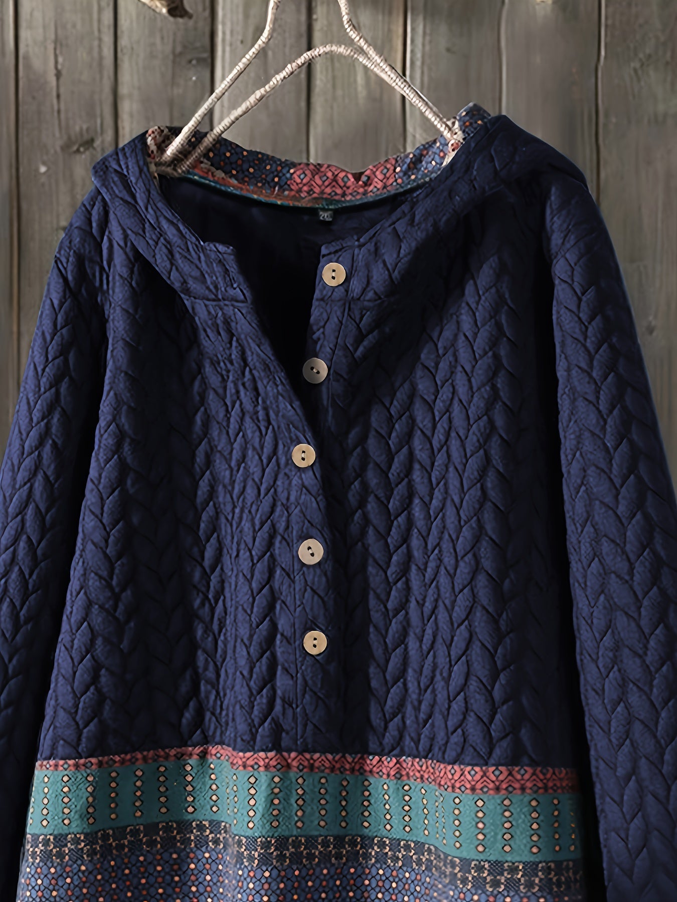 vlovelaw Tribal Print Long Sleeve Hooded Padded Jacket, Casual Button Front Loose Hem Outerwear, Women's Clothing