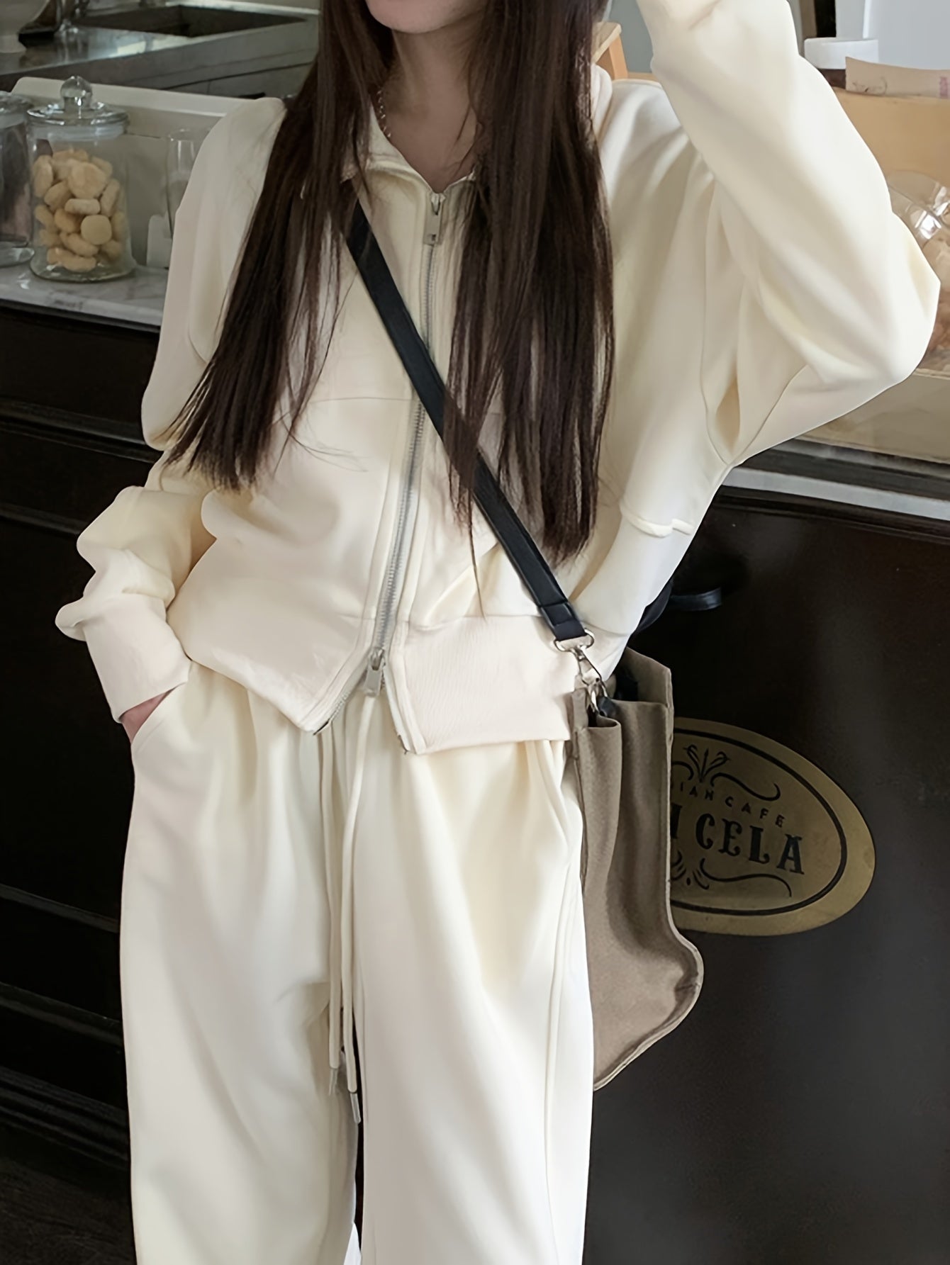 Solid Color Two-way Zipper Sweatshirt, Stylish Long Sleeve Lapel Sweatshirt For Fall & Winter, Women's Clothing