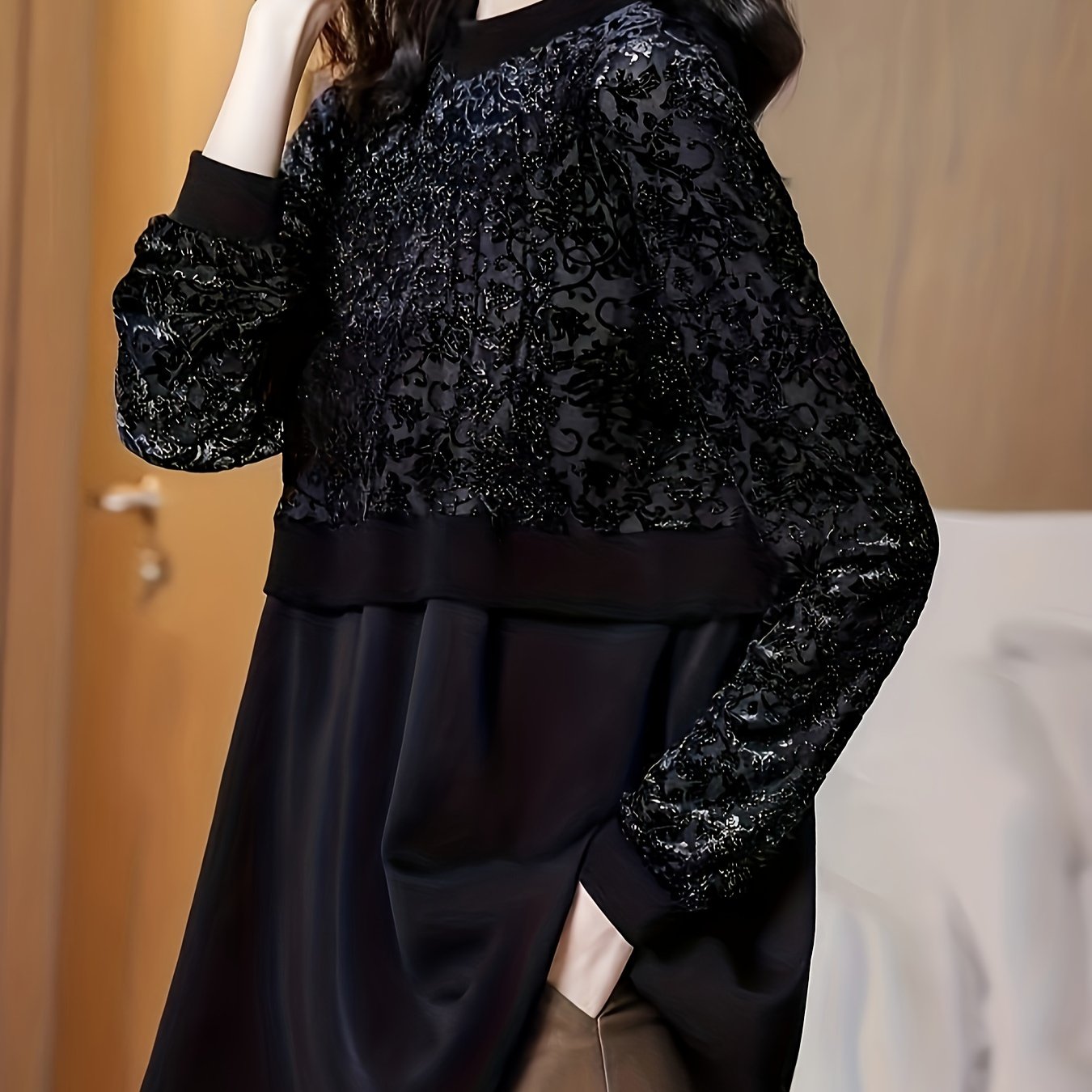 vlovelaw Floral Pattern Blouse, Elegant Crew Neck Long Sleeve Blouse, Women's Clothing