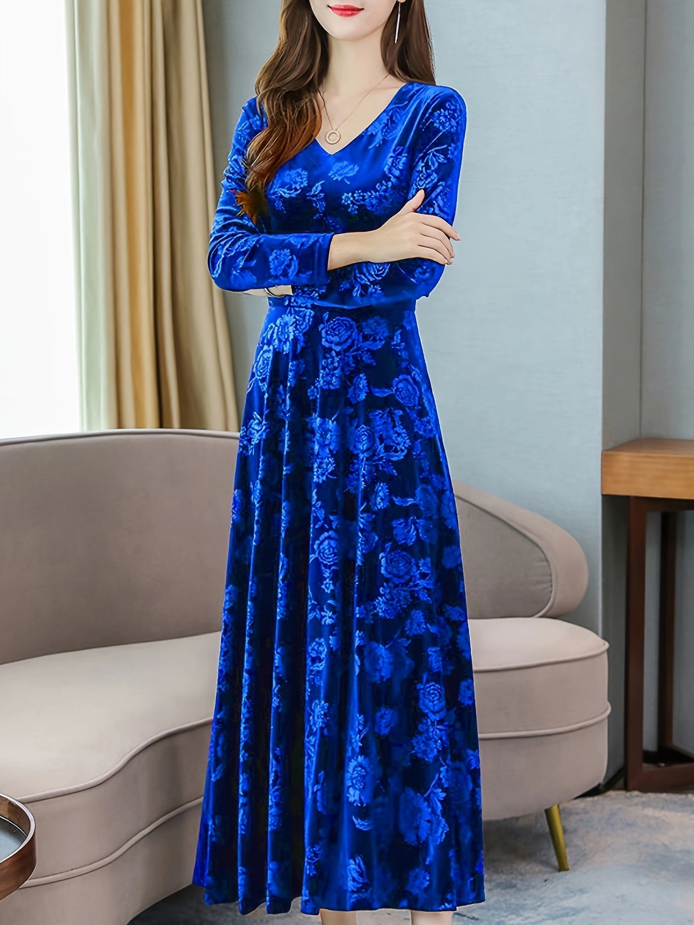 vlovelaw Floral Pattern Maxi Dress, Elegant V Neck Long Sleeve Dress, Women's Clothing