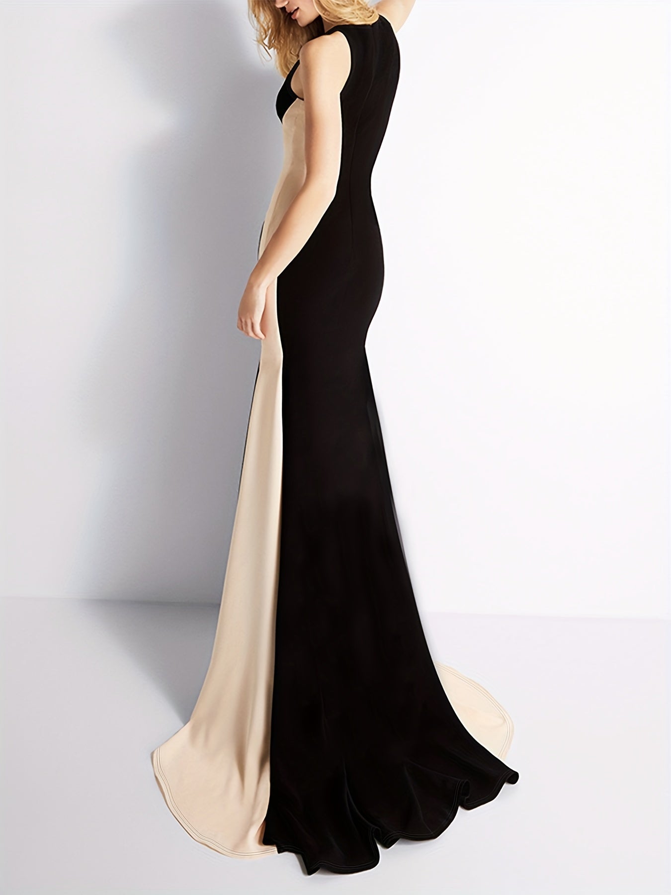 vlovelaw Elegant Color Block Slim Long Dress, Sleeveless Party Evening Bodycon Long Dresses, Women's Clothing