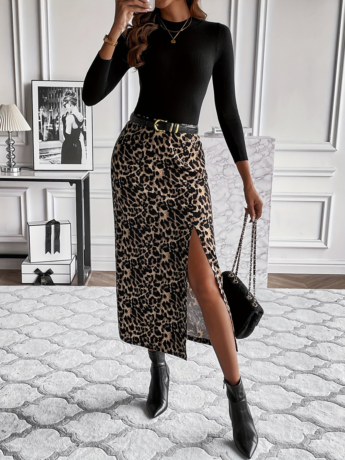 Leopard Print Split Hem Skirt, Casual High Waist Skirt, Women's Clothing