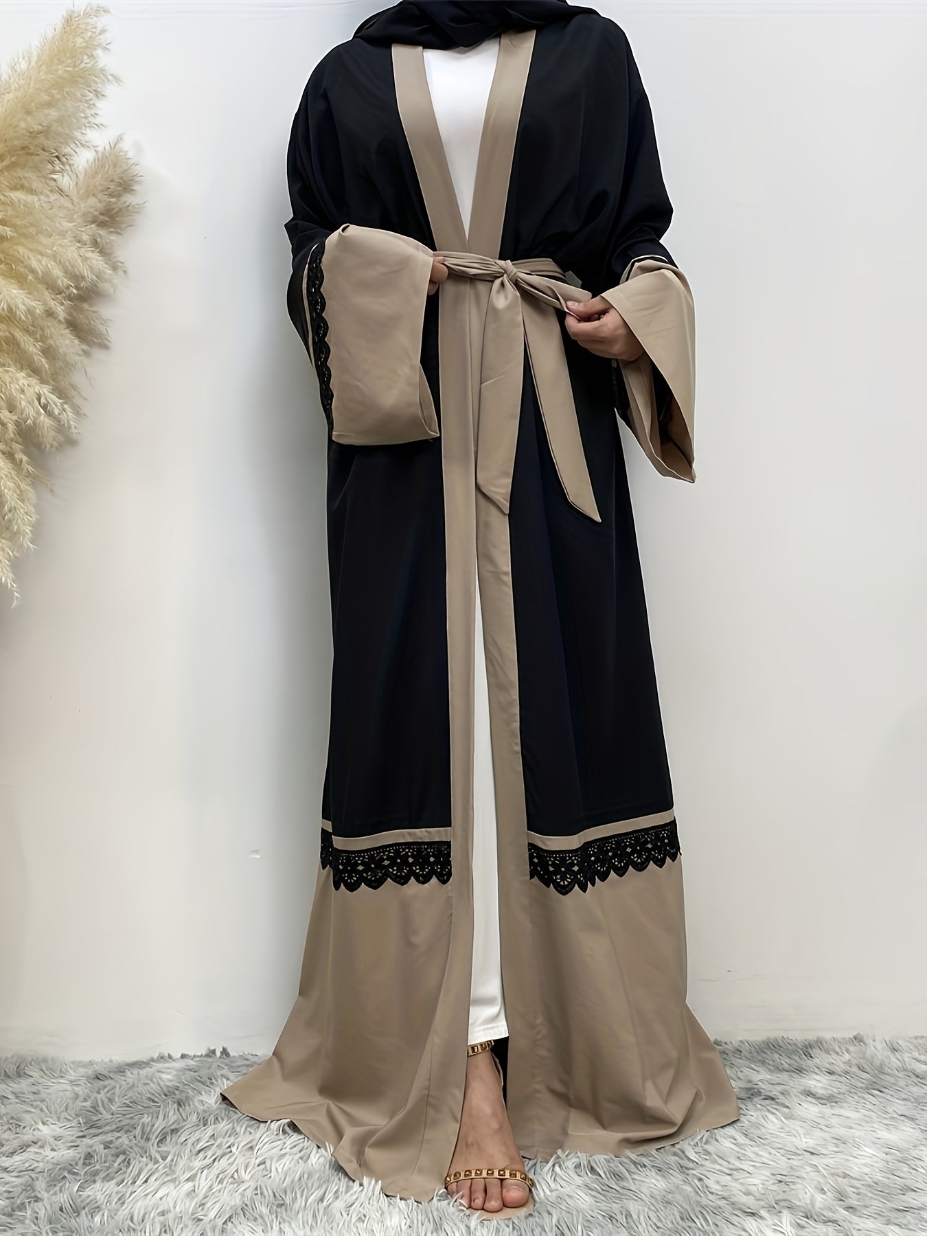 Lace Stitching Color Block Abayas, Elegant Tie Waist Long Sleeve Maxi Length Dress, Women's Clothing