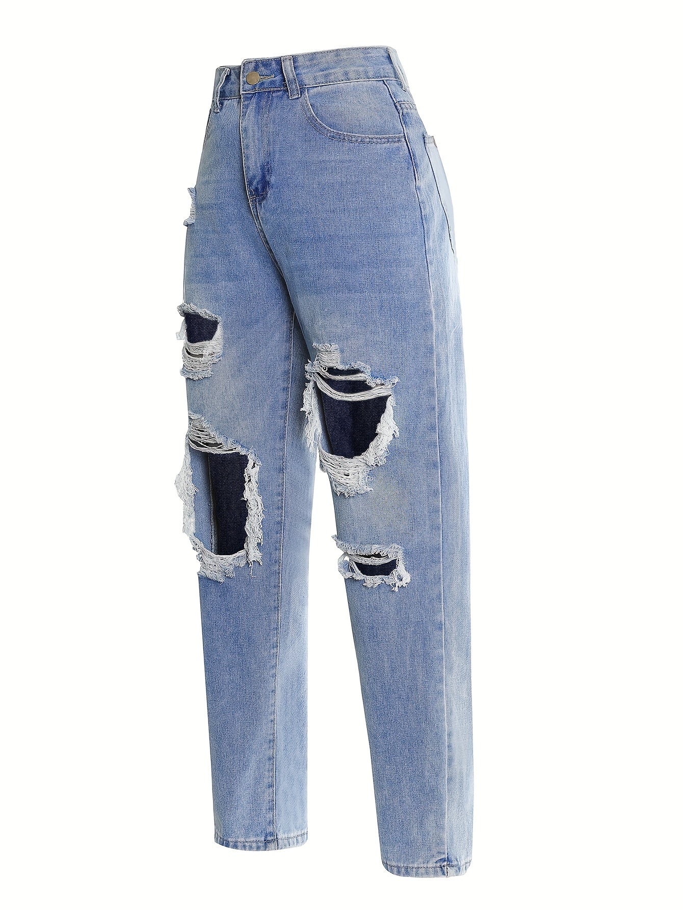 Blue Ripped Straight Jeans, Slash Pockets High Waist Distressed High Waist Denim Pants, Women's Denim Jeans & Clothing