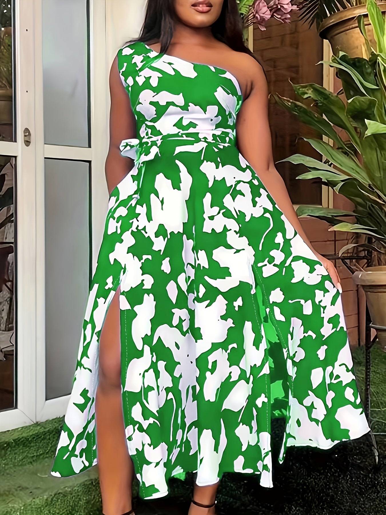 vlovelaw Plus Size Elegant Dress, Women's Plus Geometric Print One Shoulder Split Hem Party Dress