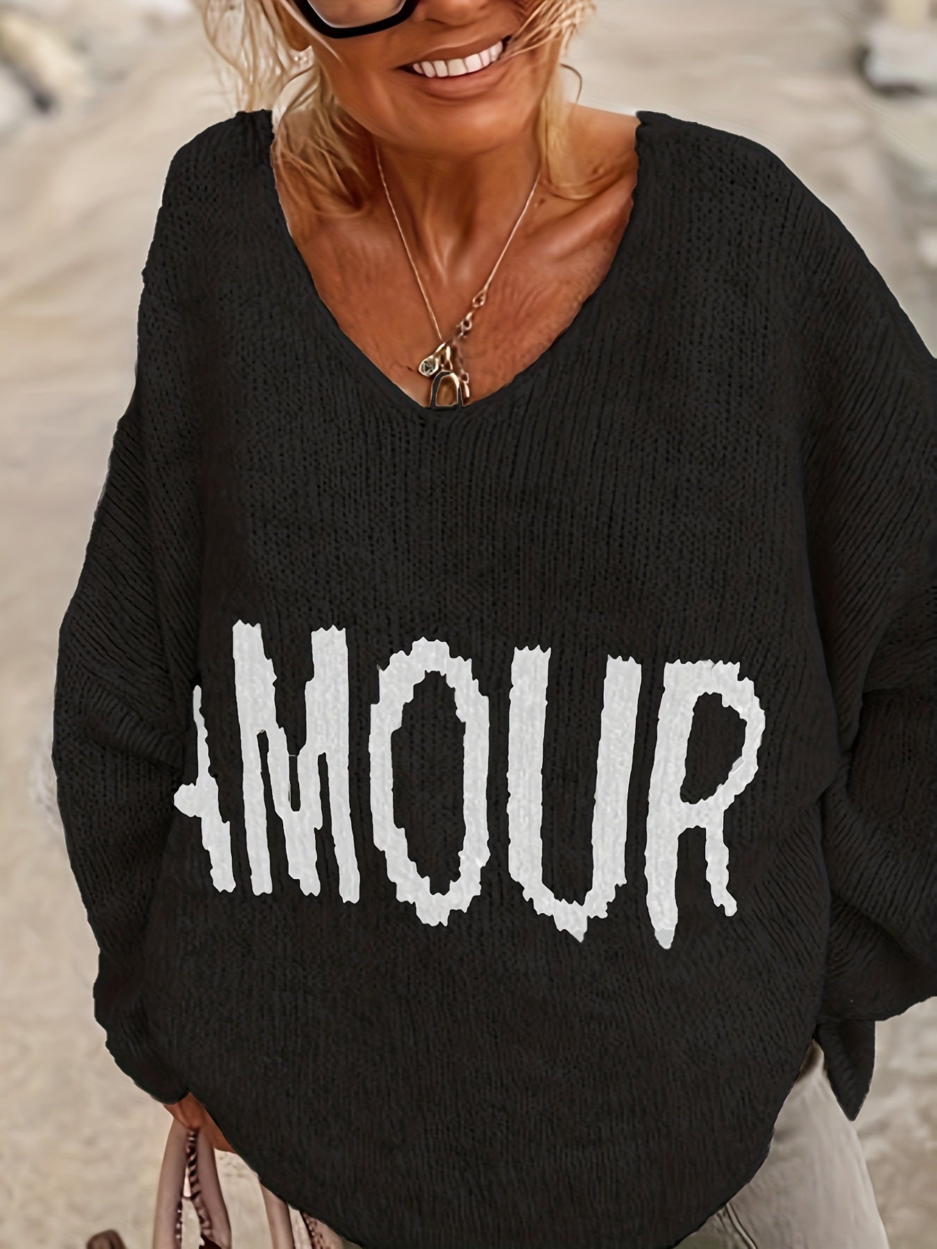 Letter Pattern V Neck Pullover Sweater, Casual Long Sleeve Drop Shoulder Sweater, Women's Clothing