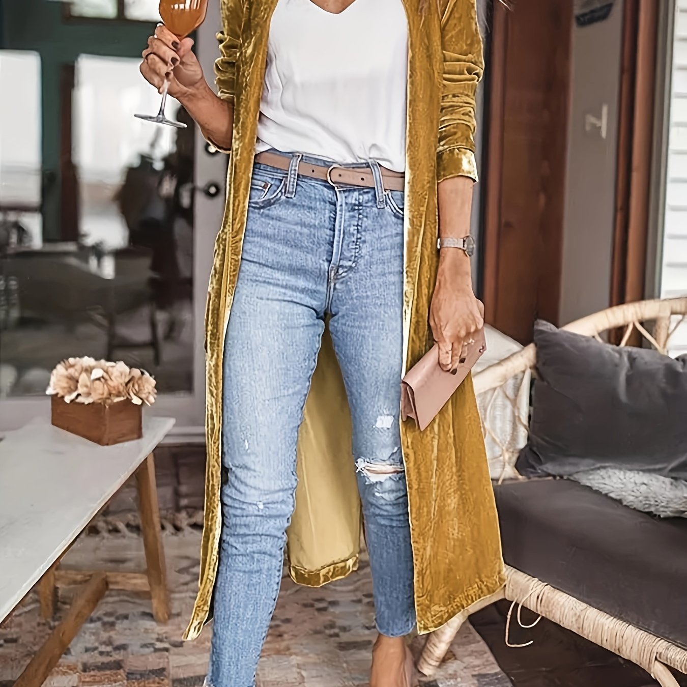 Velvet V-neck Loose Mid Length Cardigans, Casual Pocket Solid Color Long Sleeve Spring Fall Cardigan, Women's Clothing