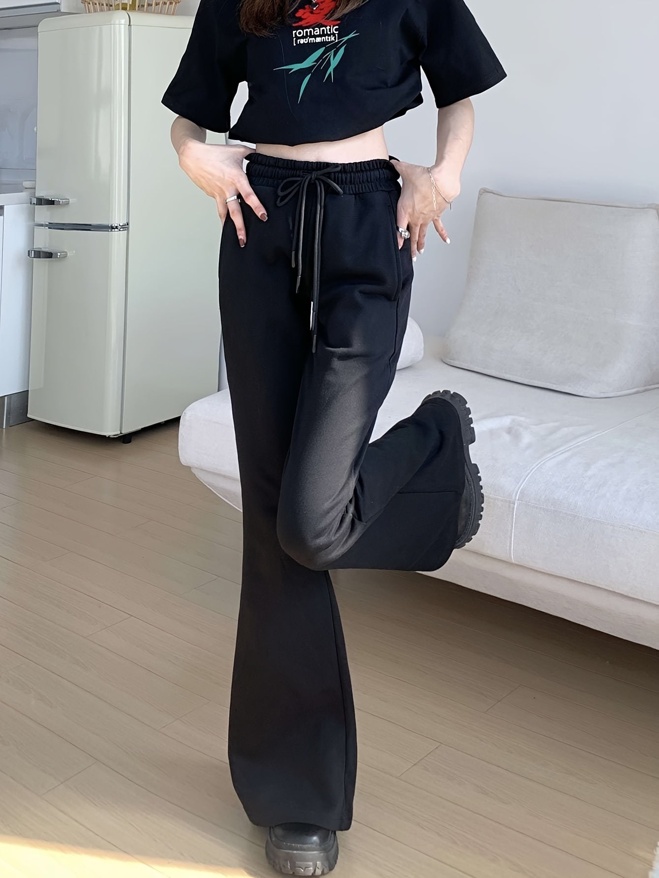 vlovelaw Solid Flare Leg Pants, Casual Drawstring High Waist Sporty Pants With Pocket, Women's Clothing
