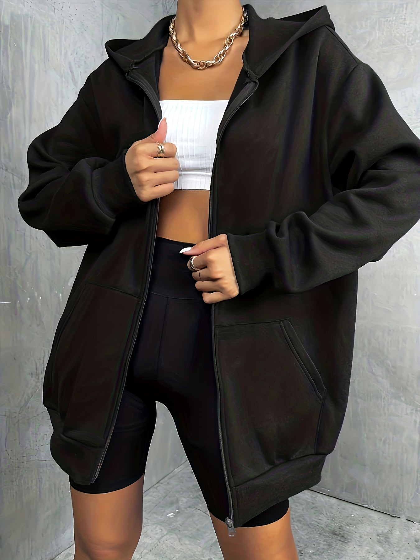 Solid Zip Up Oversized Hoodie, Casual Long Sleeve Pocket Hoodies Sweatshirt, Women's Clothing