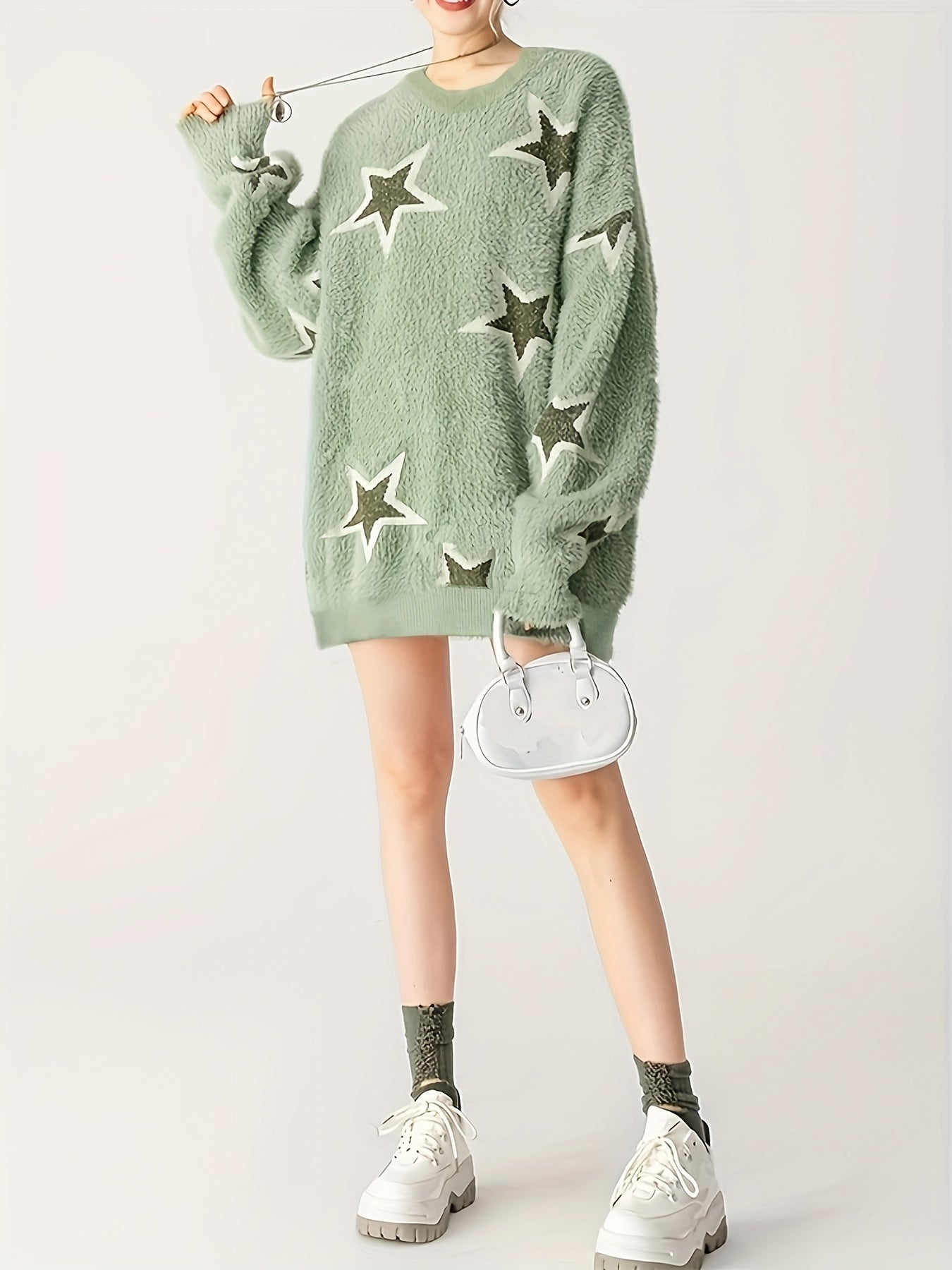 vlovelaw Star Pattern Crew Neck Sweater, Casual Long Sleeve Sweater For Fall & Winter, Women's Clothing