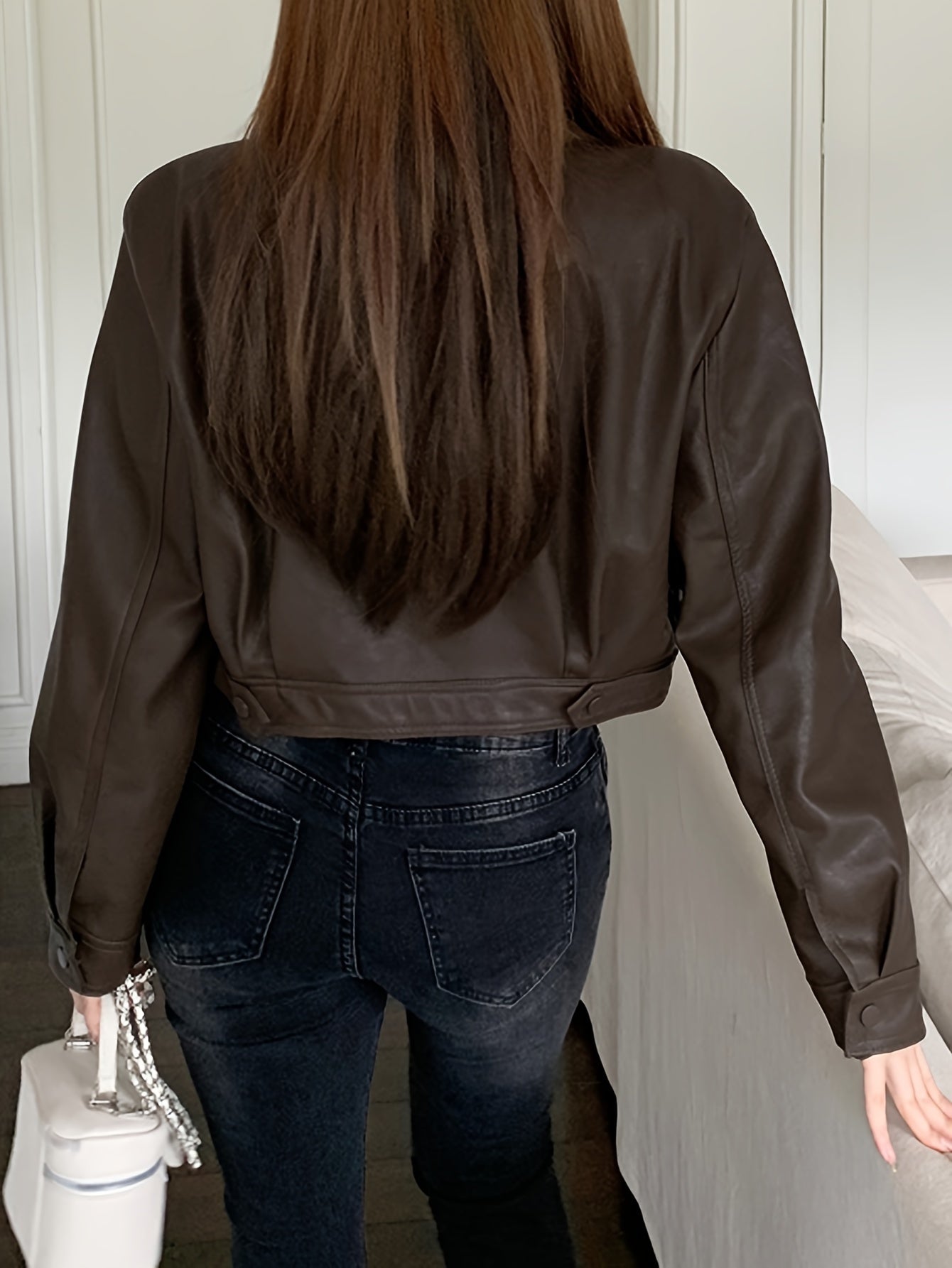 Faux Leather Zip-up Jacket, Casual Long Sleeve Crop Biker Jacket For Fall & Winter, Women's Clothing