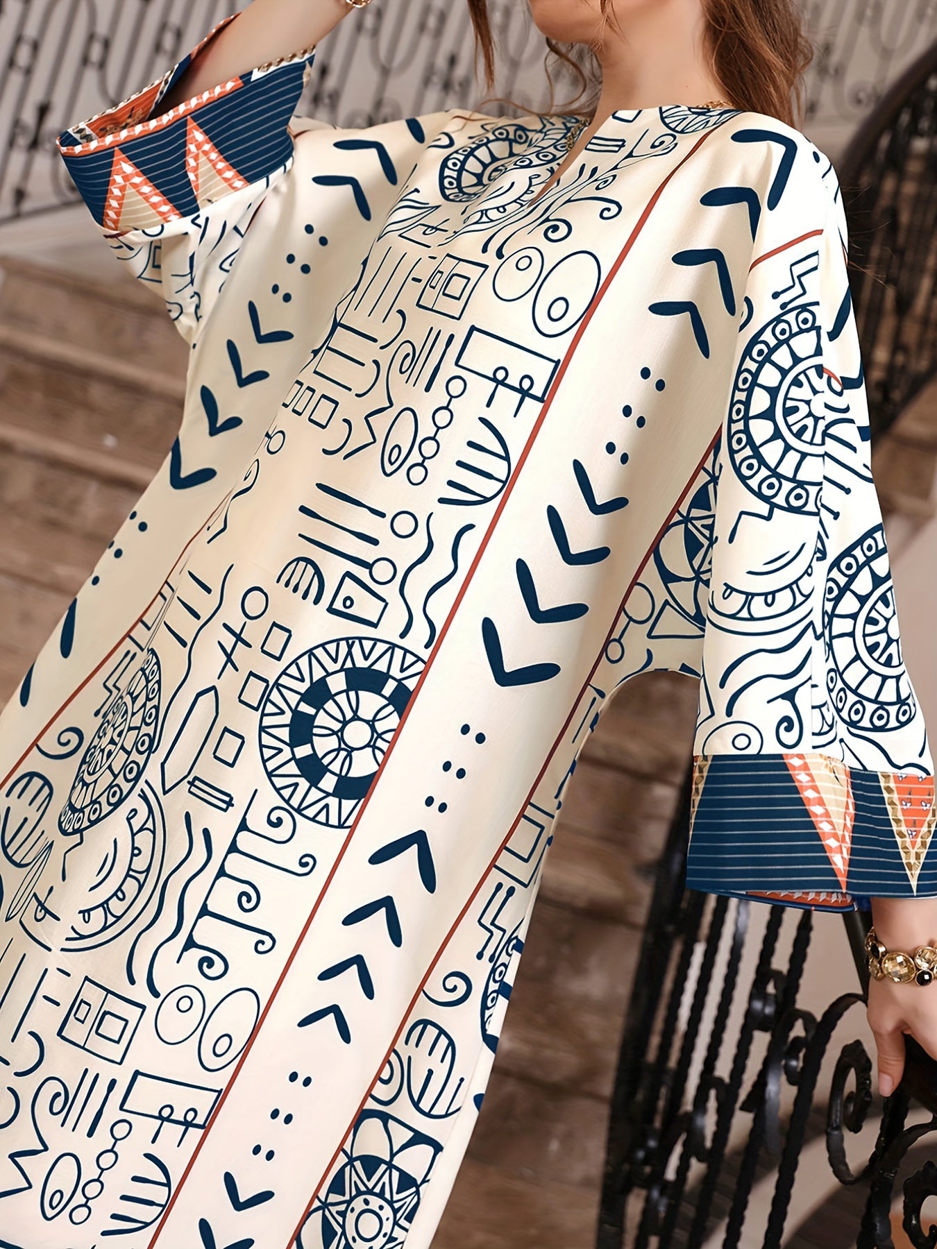 Graphic Print Notched Neck Abayas, Vintage Long Sleeve Maxi Length Dress, Women's Clothing