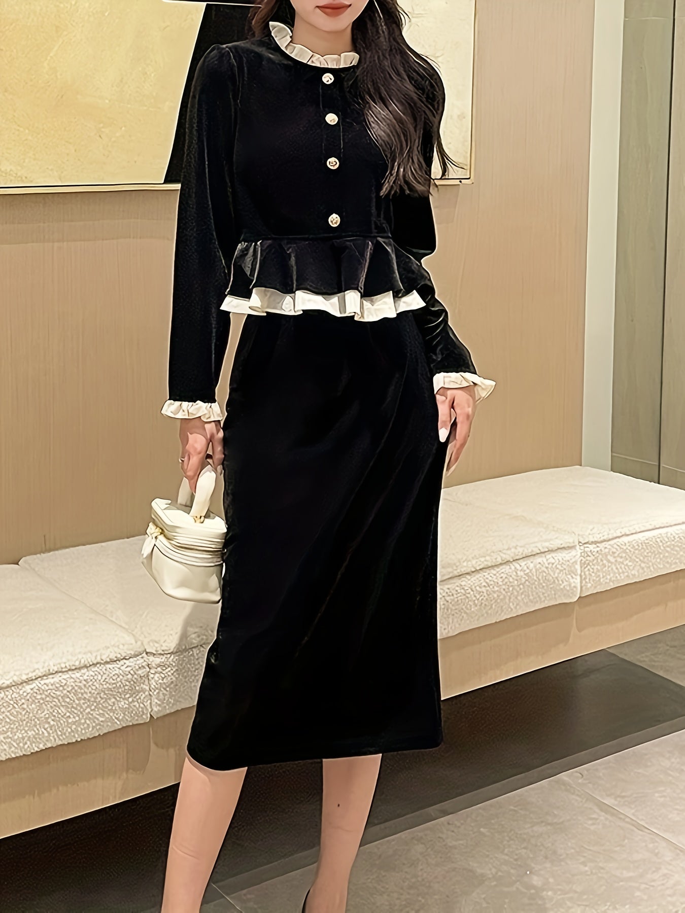 vlovelaw Elegant Velvet Two-piece Skirt Set, Contrast Trim Ruffle Trim Single Breasted Outwear & Solid Midi Skirt Outfits, Women's Clothing