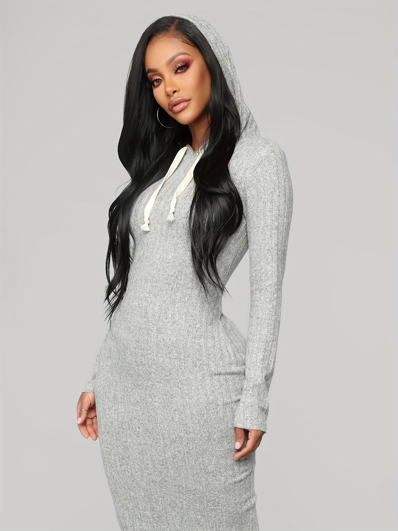 Ribbed Hooded Bodycon Dress, Casual Long Sleeve Drawstring Midi Dress, Women's Clothing