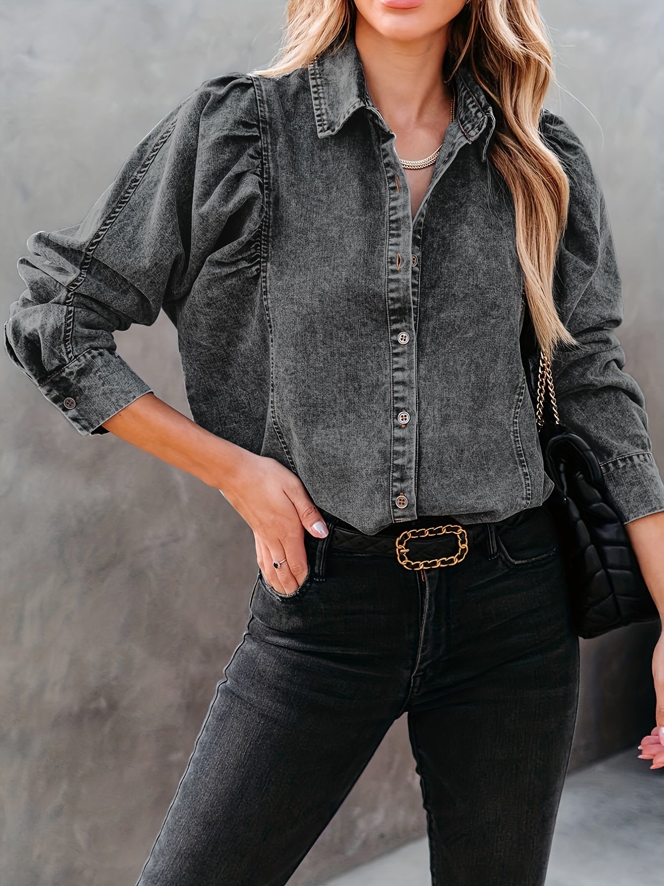 Long Sleeves Lapel Denim Shirt, Single-Breasted Button Versatile Denim Top, Women's Denim Clothing