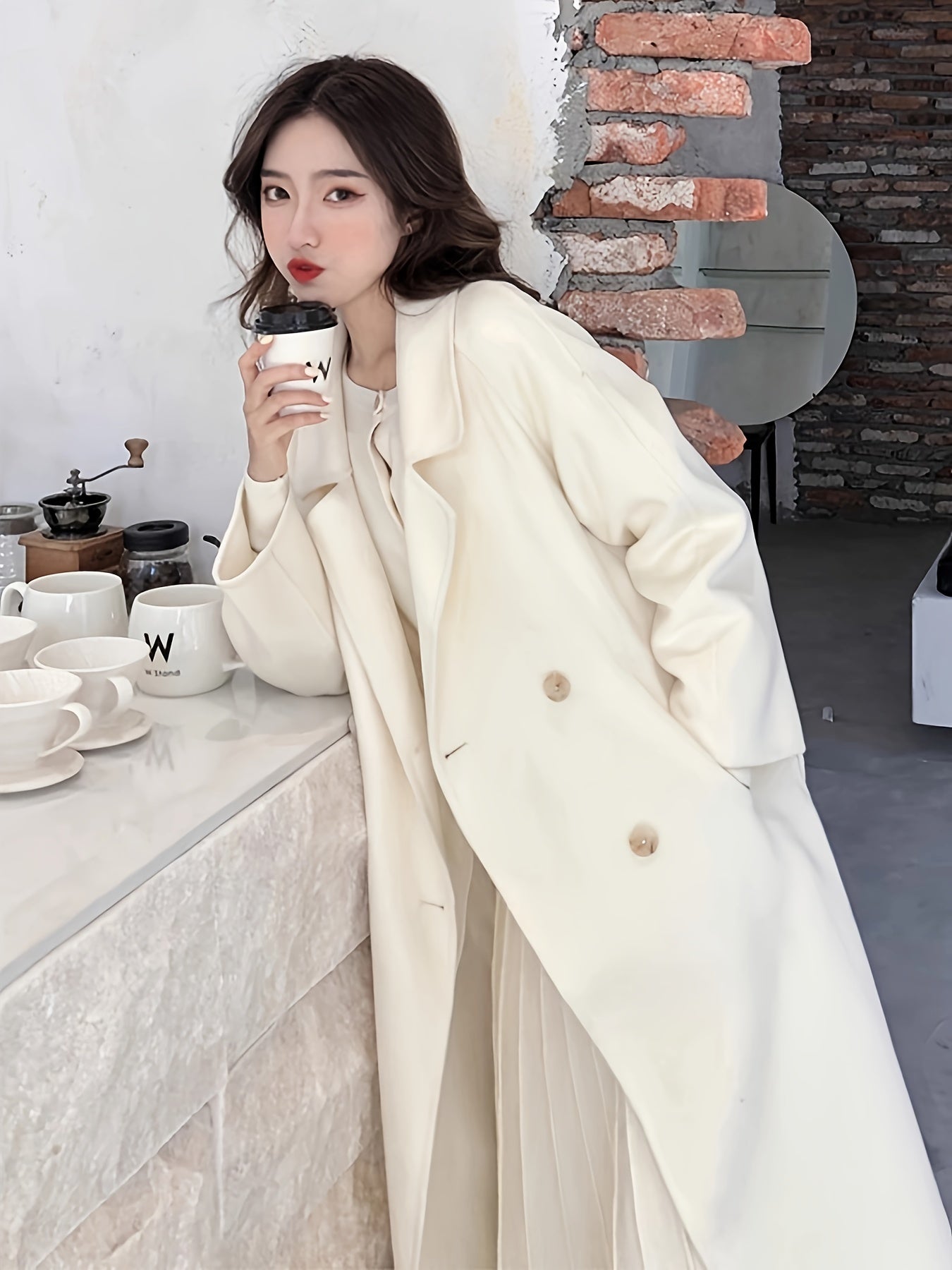 vlovelaw Solid Double-breasted Tied Coat, Casual Long Sleeve Lapel Coat For Fall & Winter, Women's Clothing