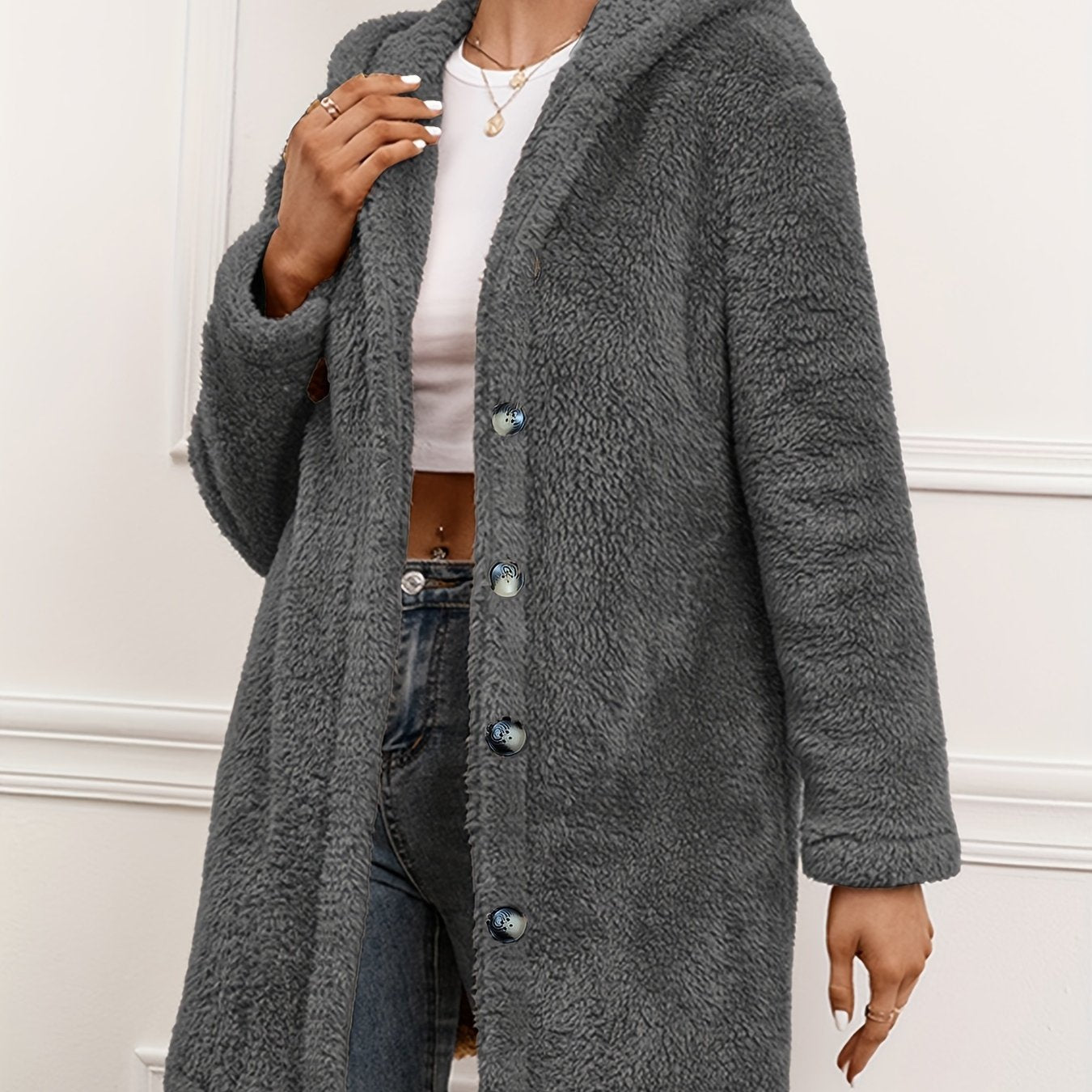 vlovelaw Fuzzy Button Front Hooded Coat, Casual Solid Long Sleeve Warm Outerwear, Women's Clothing