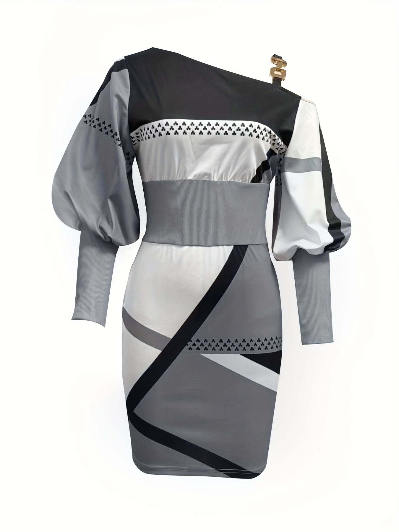 Geo Print Slanted Shoulder Dress, Casual Puff Sleeve Chain Dress, Women's Clothing