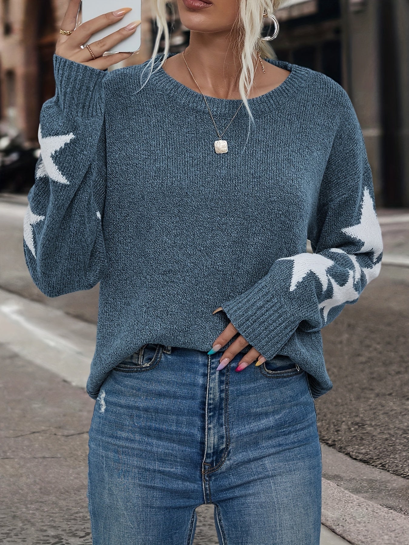 vlovelawStar Pattern Crew Neck Pullover Sweater, Vintage Long Sleeve Drop Shoulder Sweater, Women's Clothing