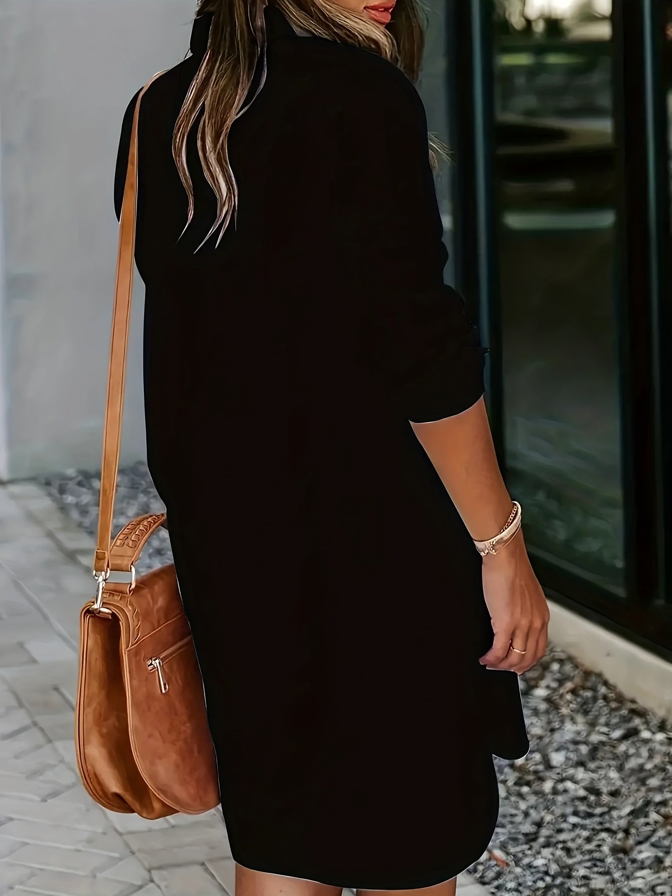 vlovelaw Button Front Shirt Dress, Sexy 3/4 Sleeve Solid Turn Down Collar Dress, Women's Clothing