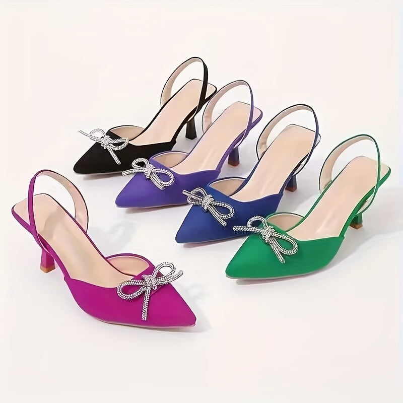 vlovelaw  Women's Rhinestone Bowknot Decor Sandals, Ankle Strap Slip On Elegant Dressy High Heels, Point Toe Party Banquet Shoes