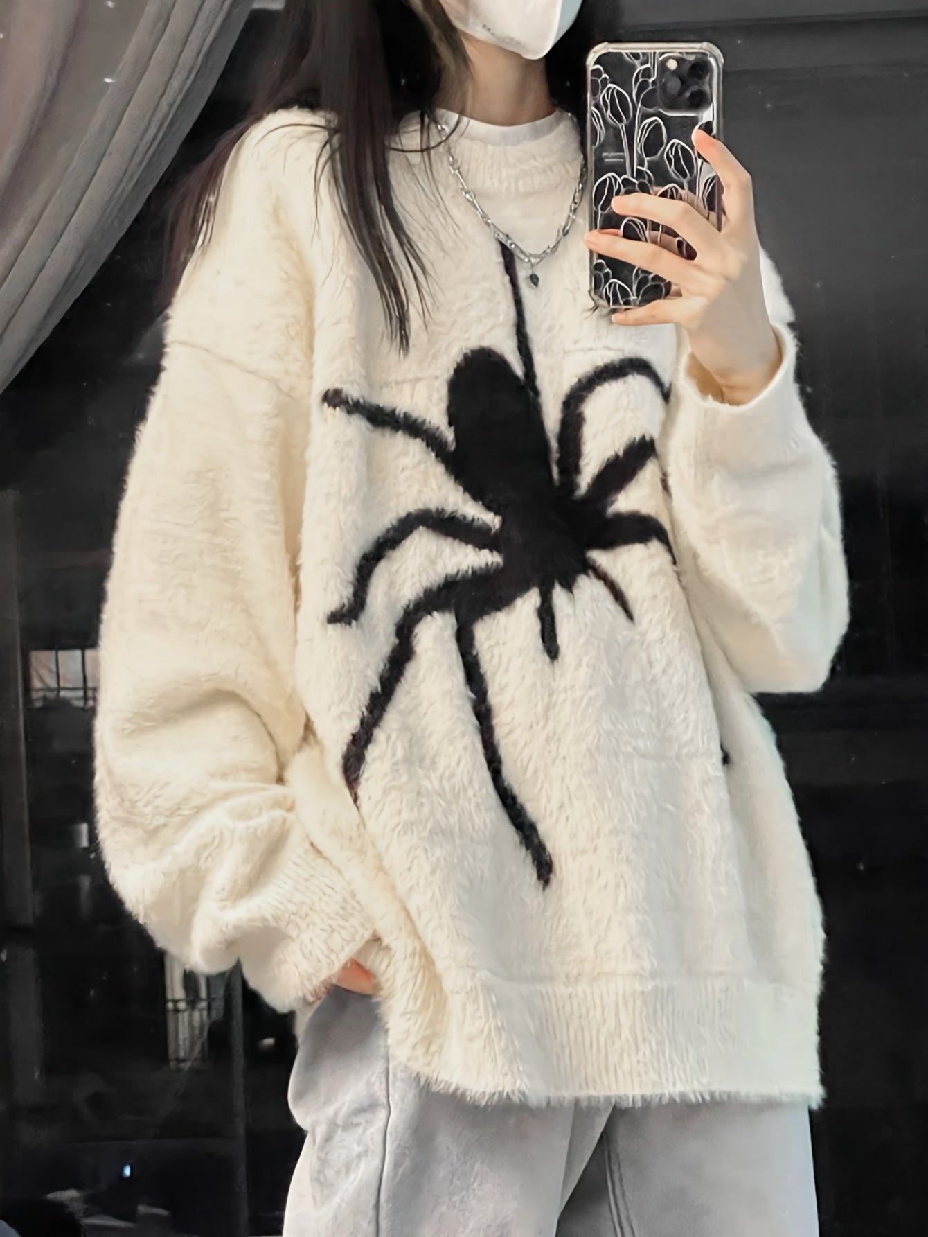 vlovelaw Animal Print Crew Neck Pullover Sweater, Vintage Long Sleeve Knitted Sweater For Winter, Women's Clothing