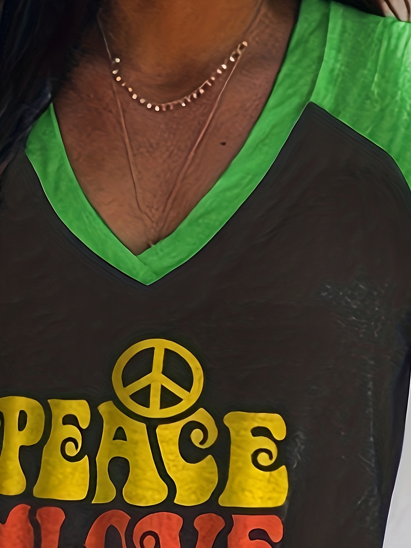 Plus Size Casual T-shirt, Women's Plus Colorblock Letter & Guitar Print Long Sleeve V Neck Slight Stretch T-shirt