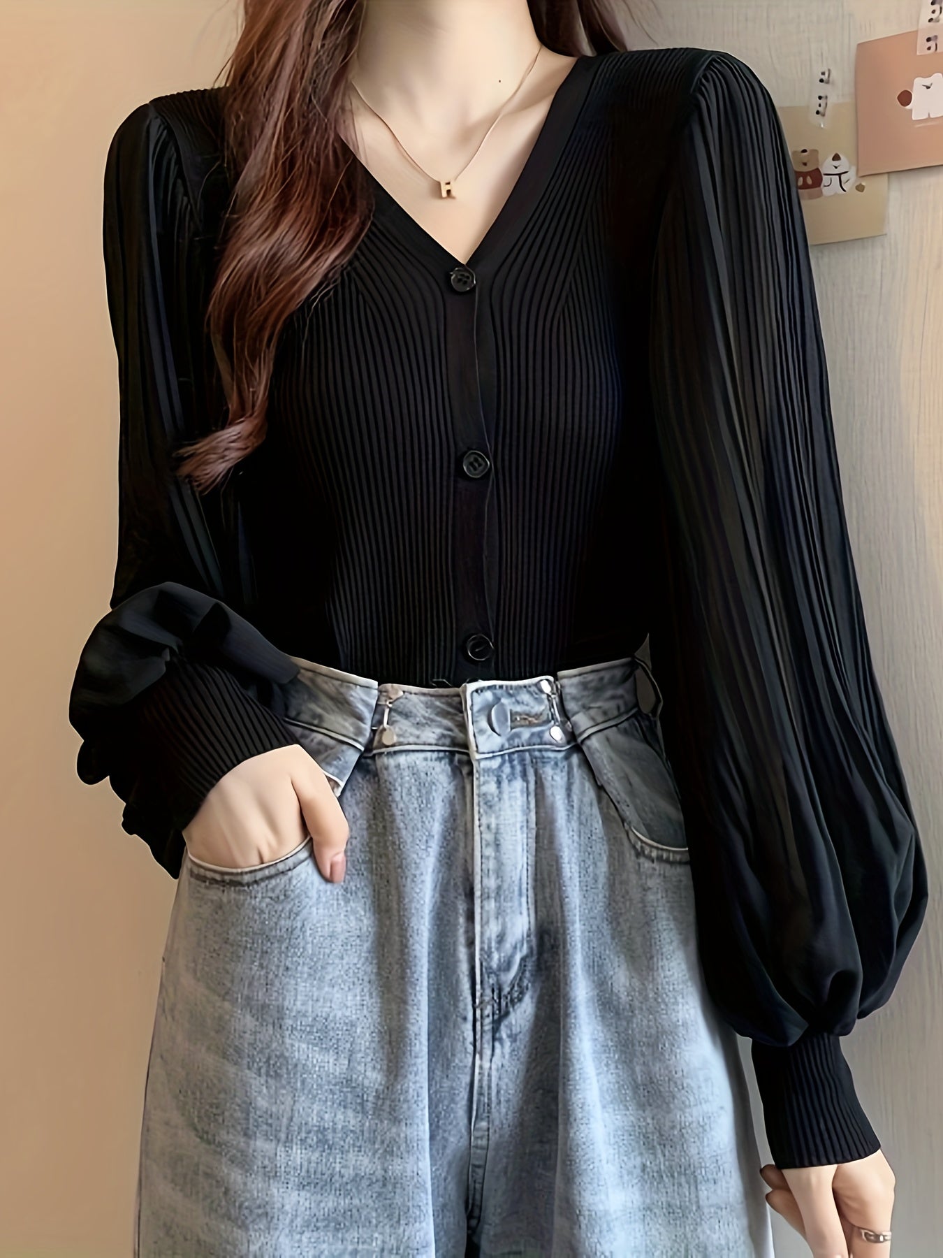 vlovelaw Solid Color Button Front Top, V Neck Slim Long Sleeve Cardigans Top For Spring & Fall, Women's Clothing